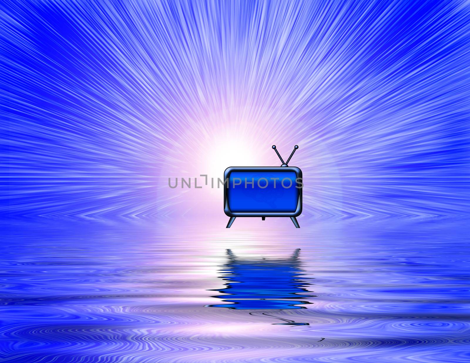 TV floats above liquid surface. 3D rendering