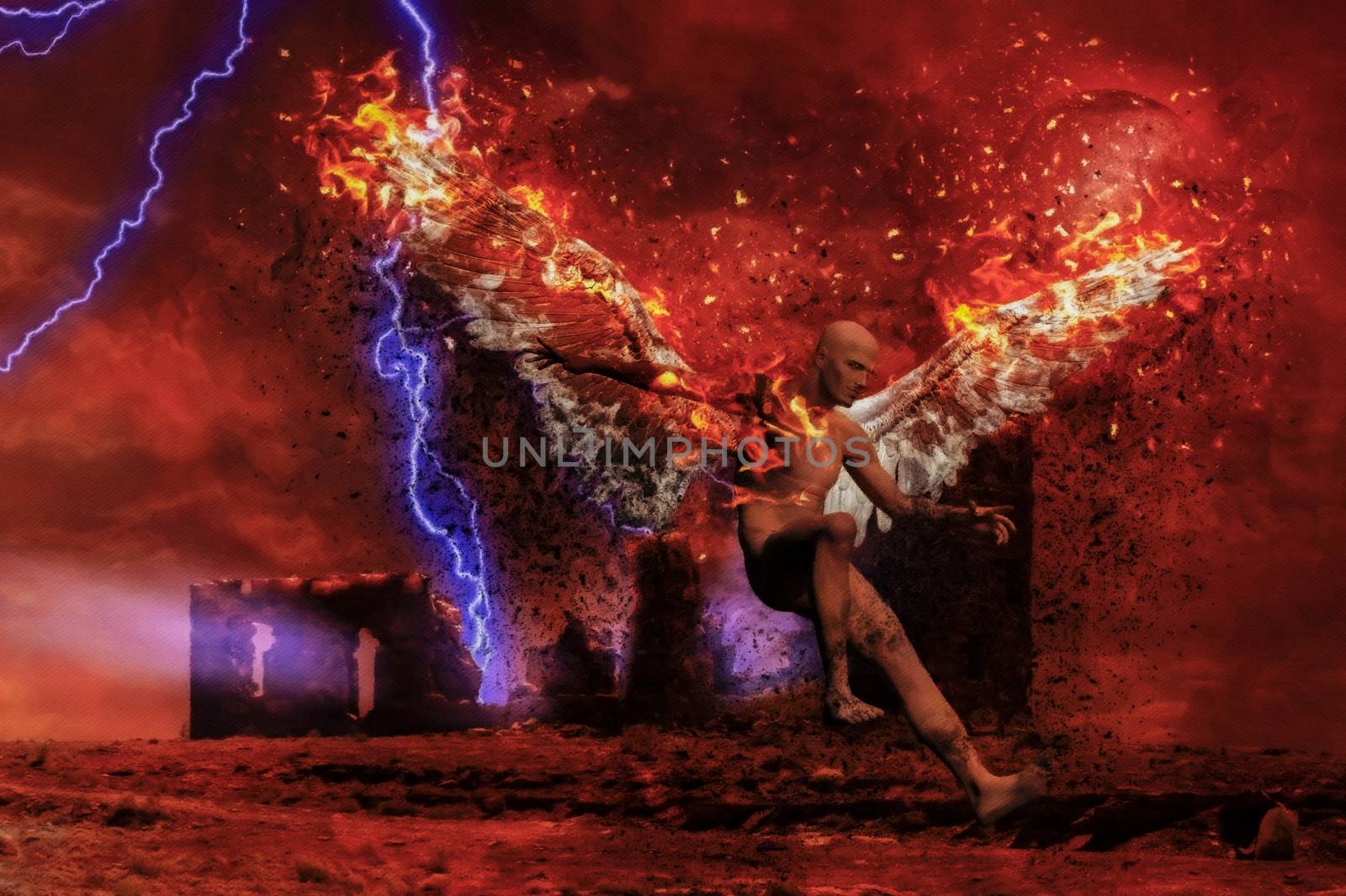 Surreal digital art. Lightning strikes spooky ruins. Naked man with burning wings symbolizes fallen angel. 3D rendering