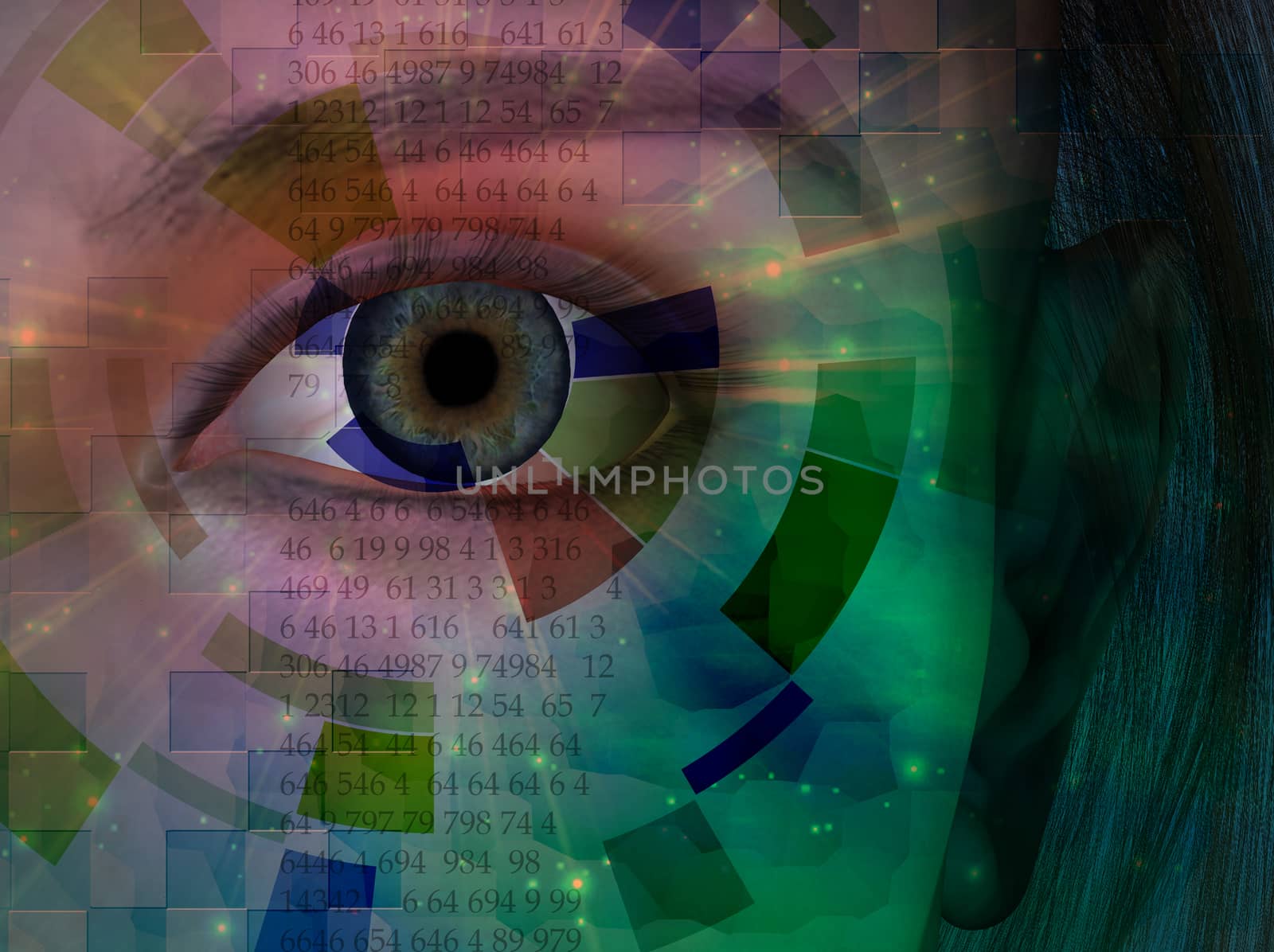 Closeup of eye with abstract and binary code. 3D rendering