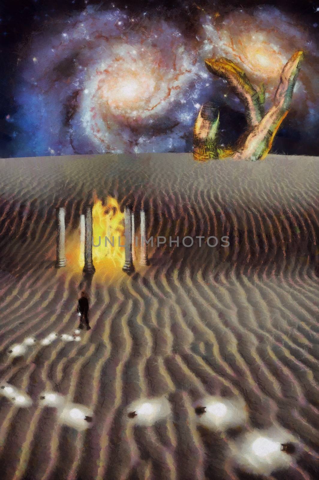 Surreal digital art. White desert planet with Temple of fire. Man in suit is losing light bulbs. Giant stone hand and colorful galaxies at the horizon. Light bulbs symbolizes ideas or thoughts. 3D rendering