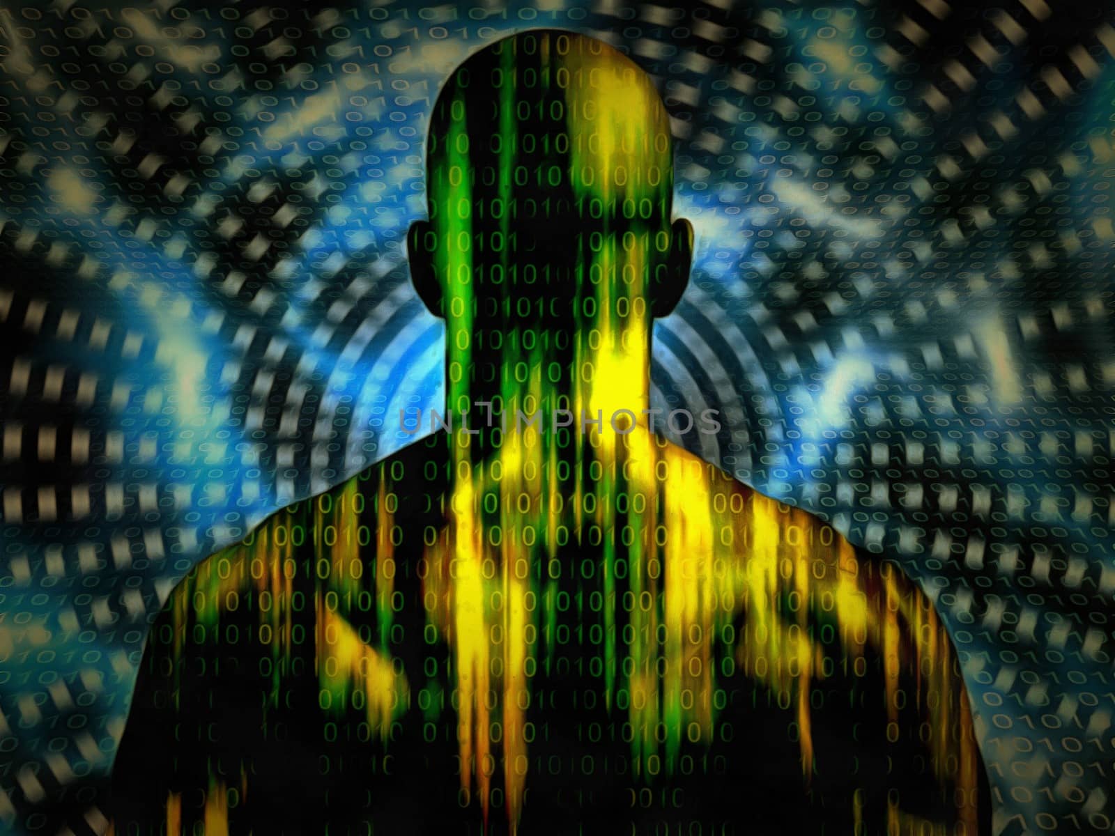 Surreal digital art. Well built man with binary code on a skin. 3D rendering