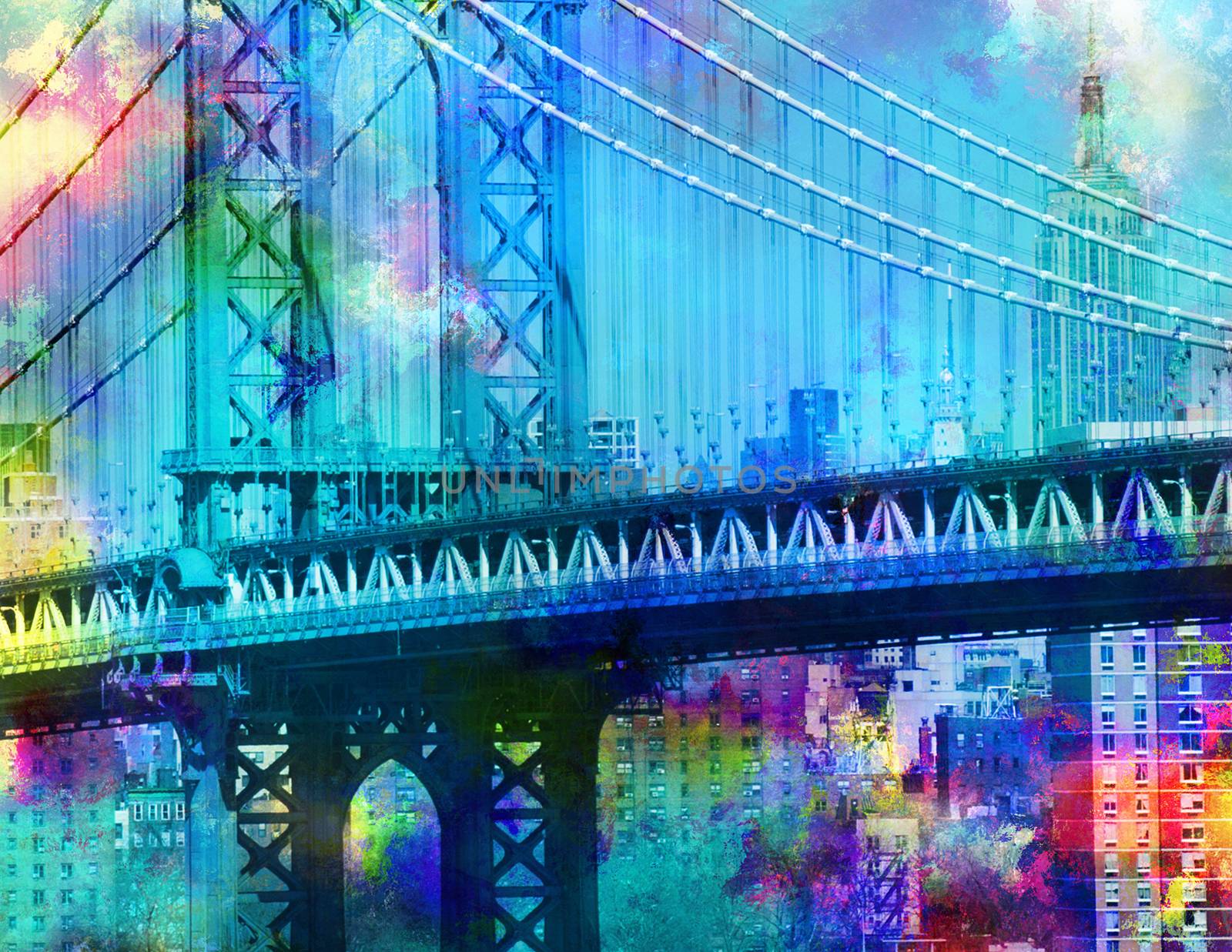 Colorful painting. Manhattan bridge. New York downtown. Empire State Building