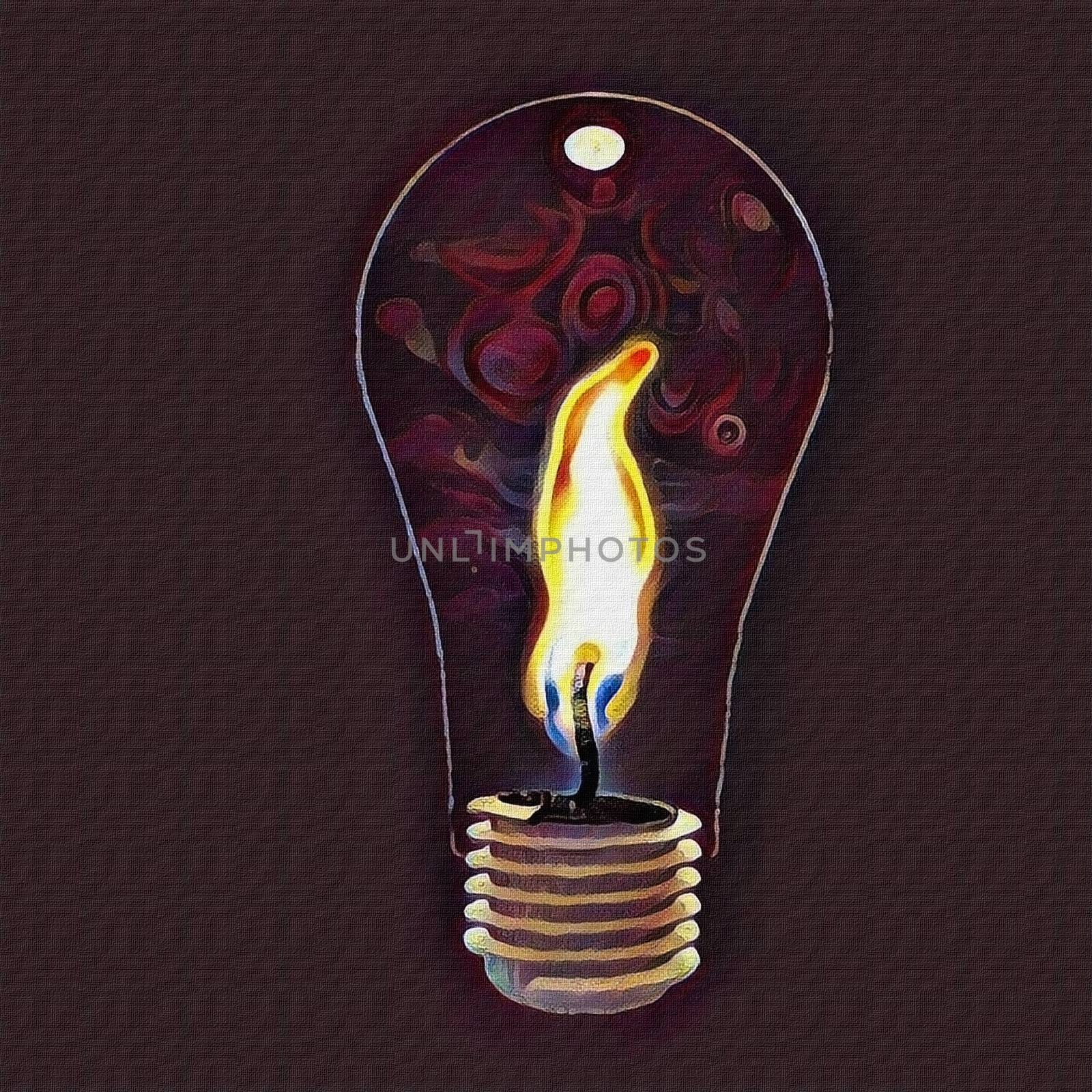 Surrealism. Light bulb with candle light inside.