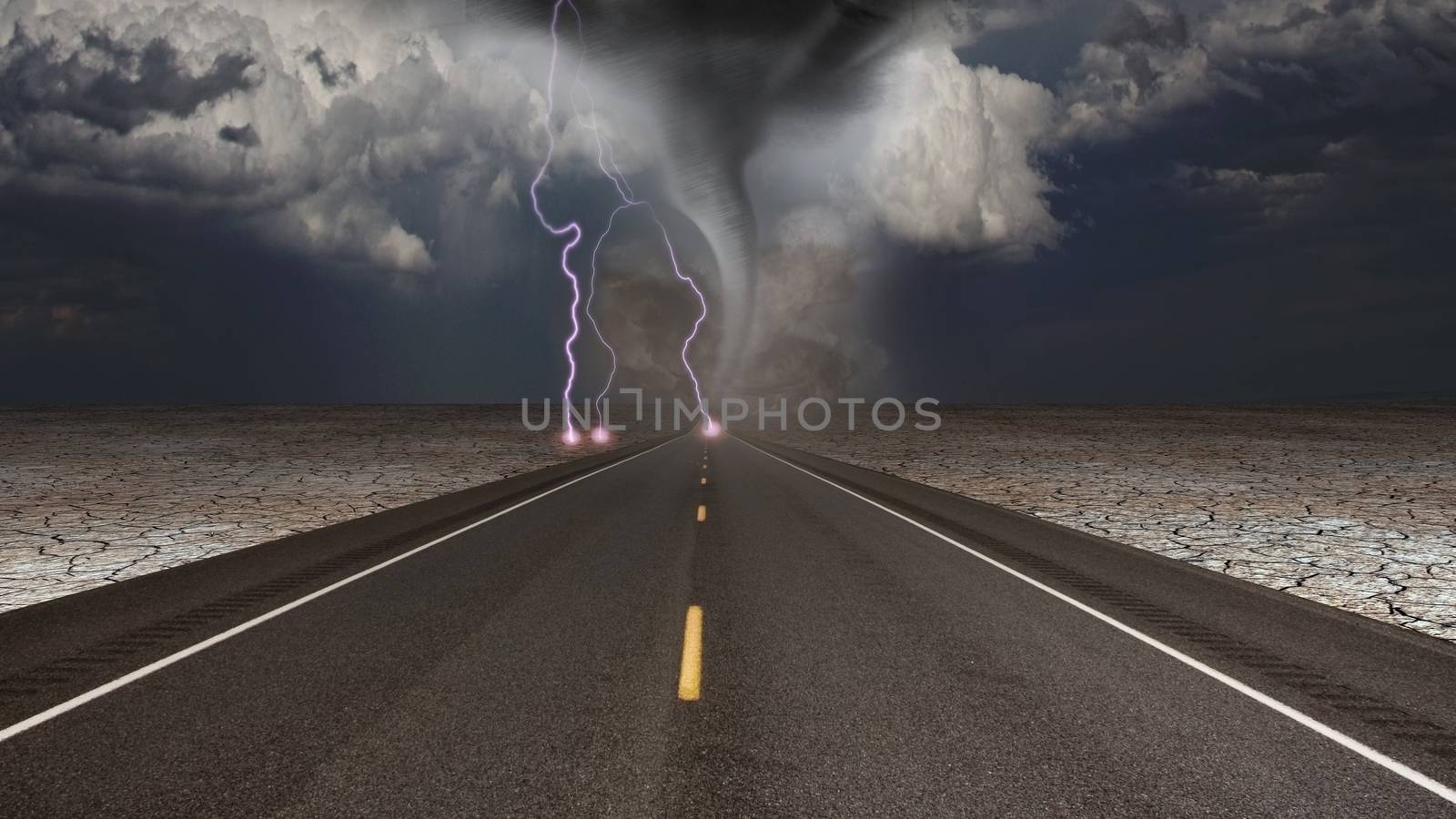 Tornado funnel in desert road landscape. 3D rendering