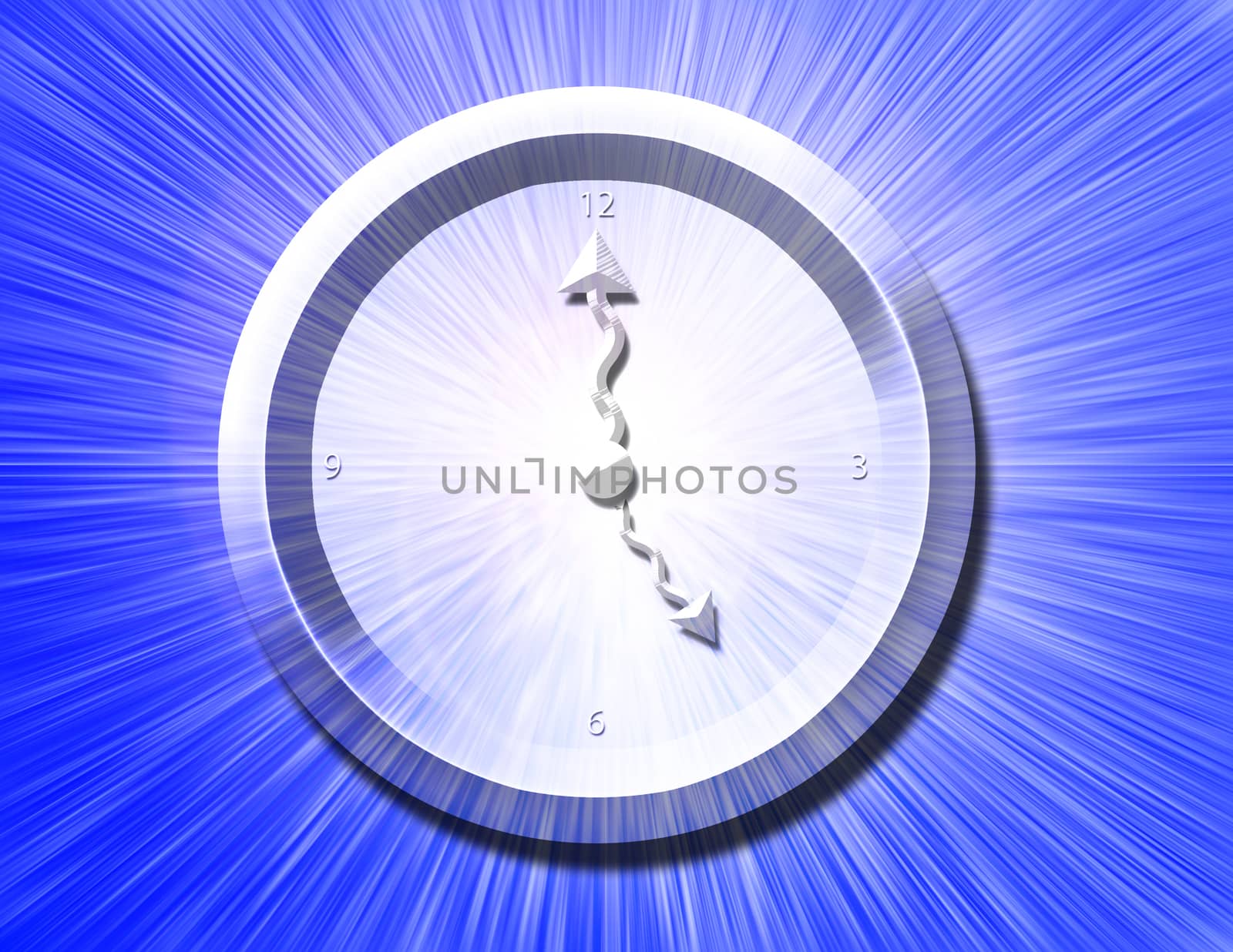 Silver Clock. Bright burst on blue background