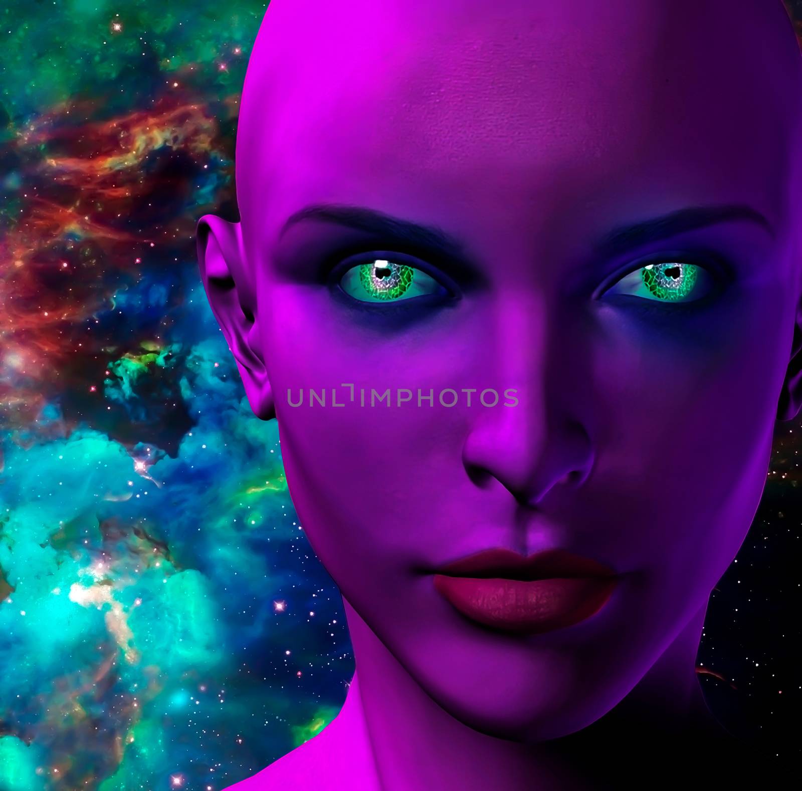 The face of female alien. Colorful universe on a background. 3D rendering