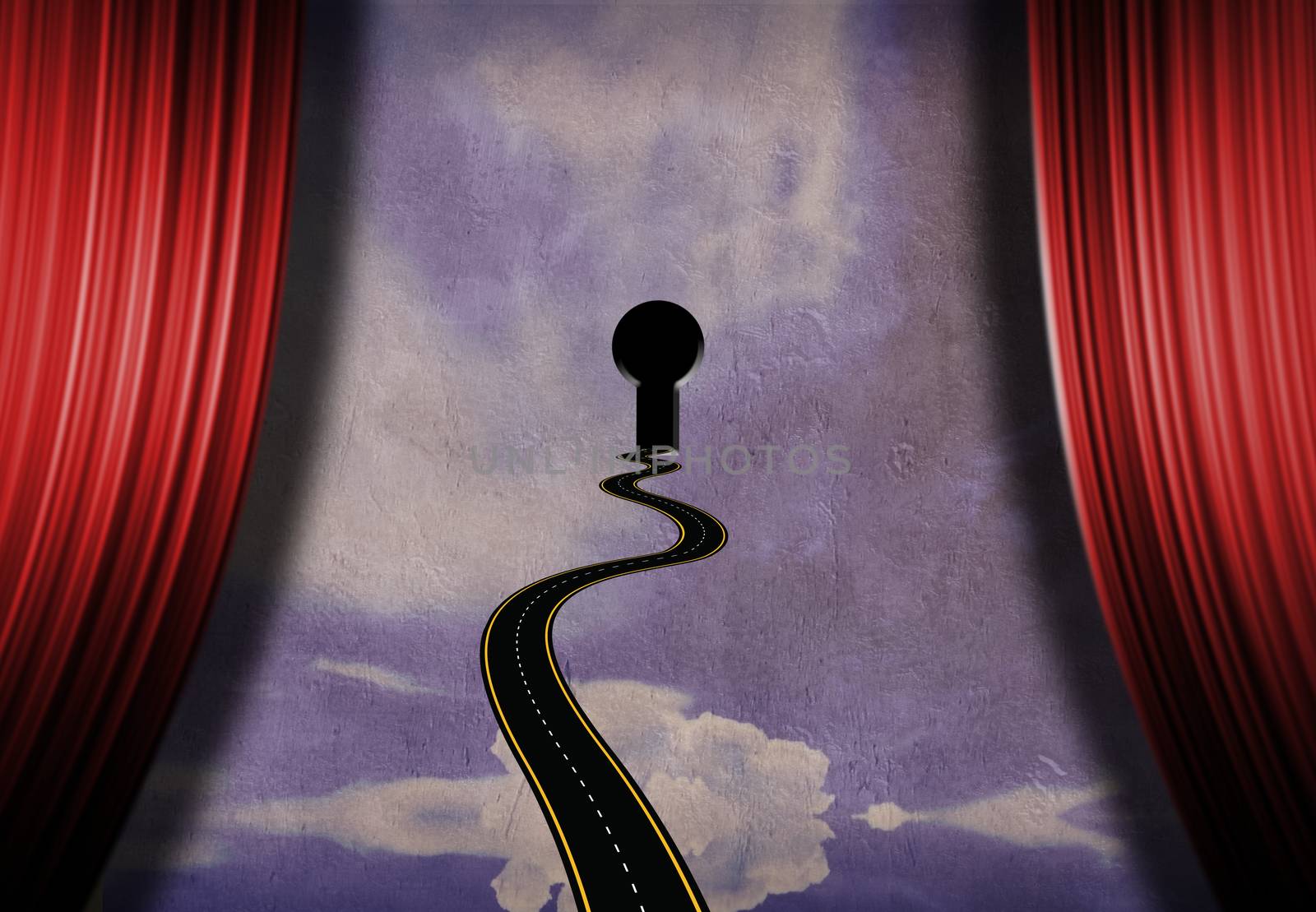 Symbolic composition. Road to keyhole on a stage with red curtains. 3D rendering