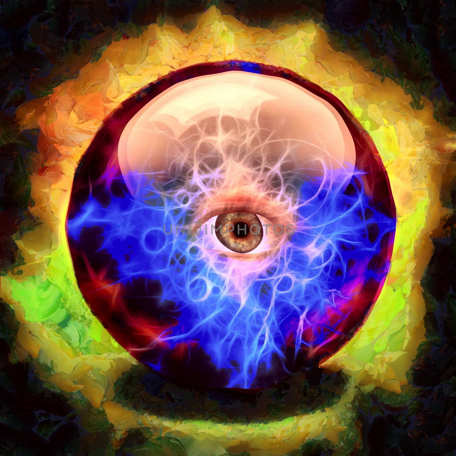 Surreal painting. Eye in crystal ball.