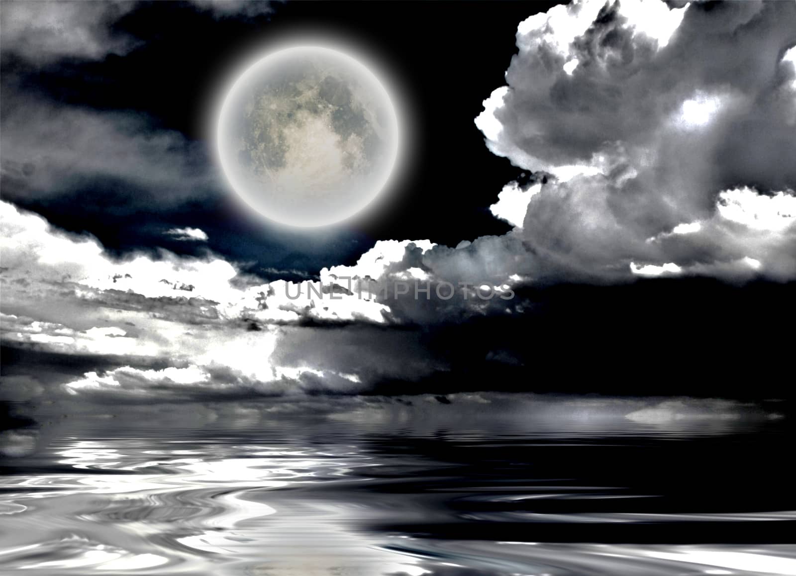 Full moon. Dramatic clouds reflected in calm wat