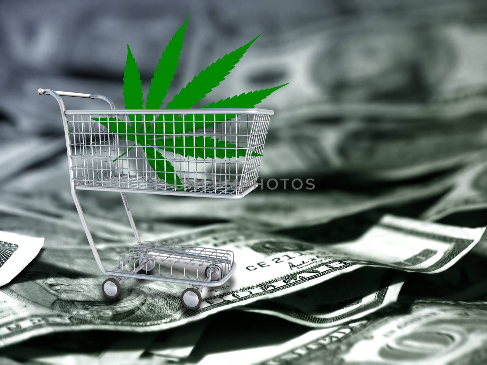 Marijuana leaf in a cart. US dollars.