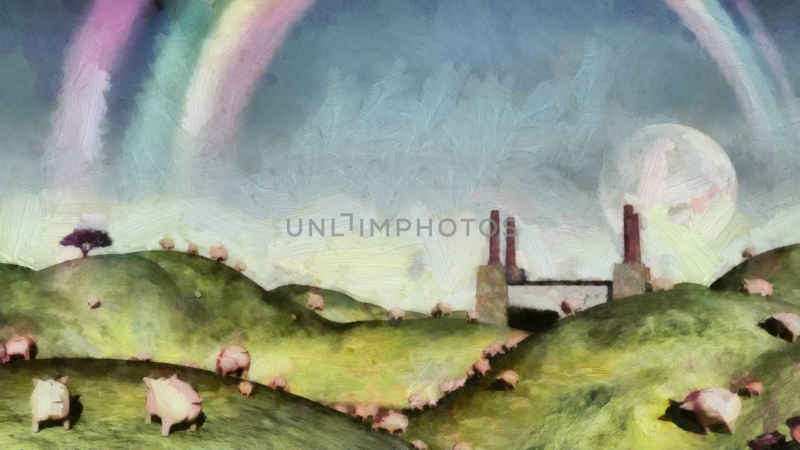 Surreal painting. Pigs in the field. Factory at the horizon. Rainbow in the sky.