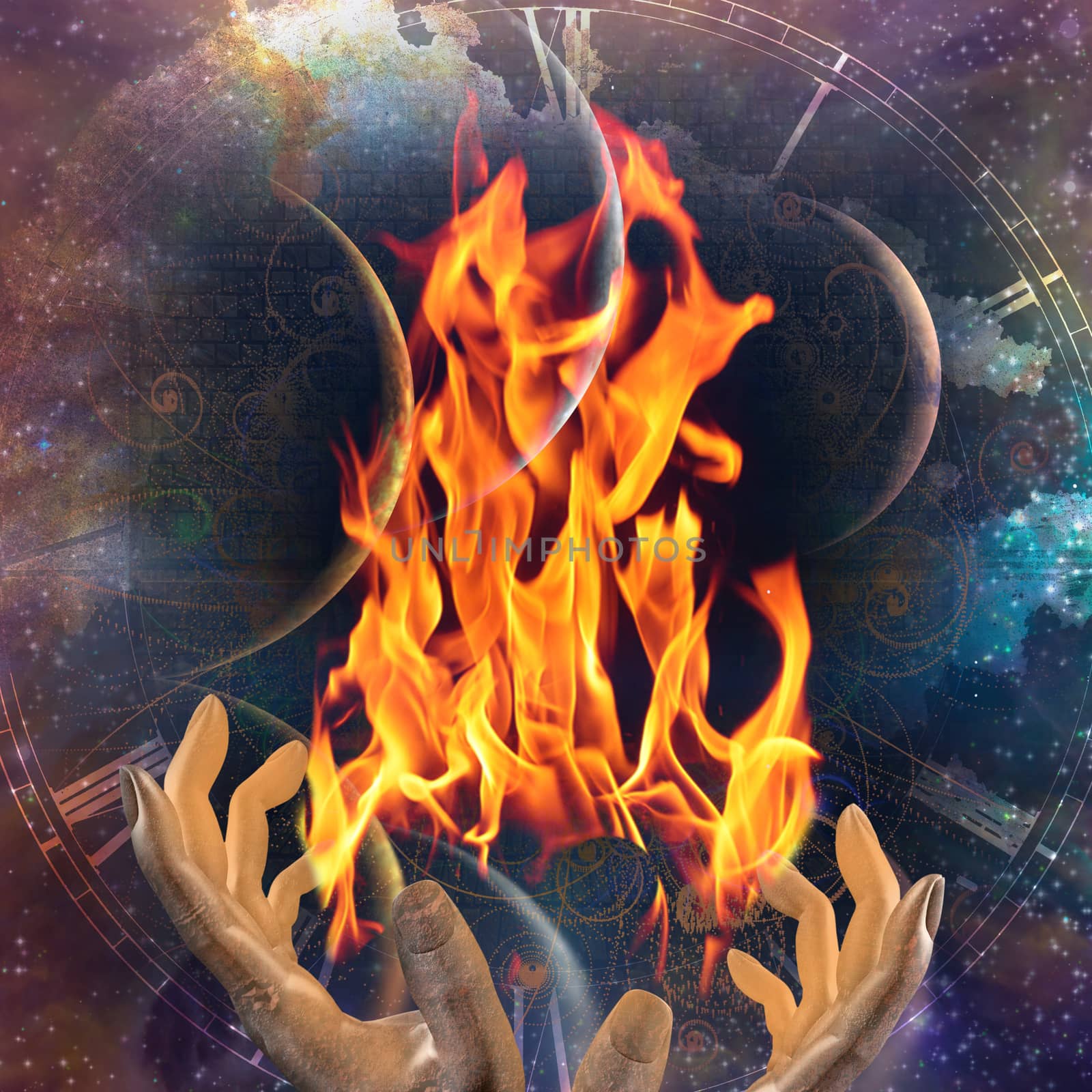 Hands with fire on abstract space background
