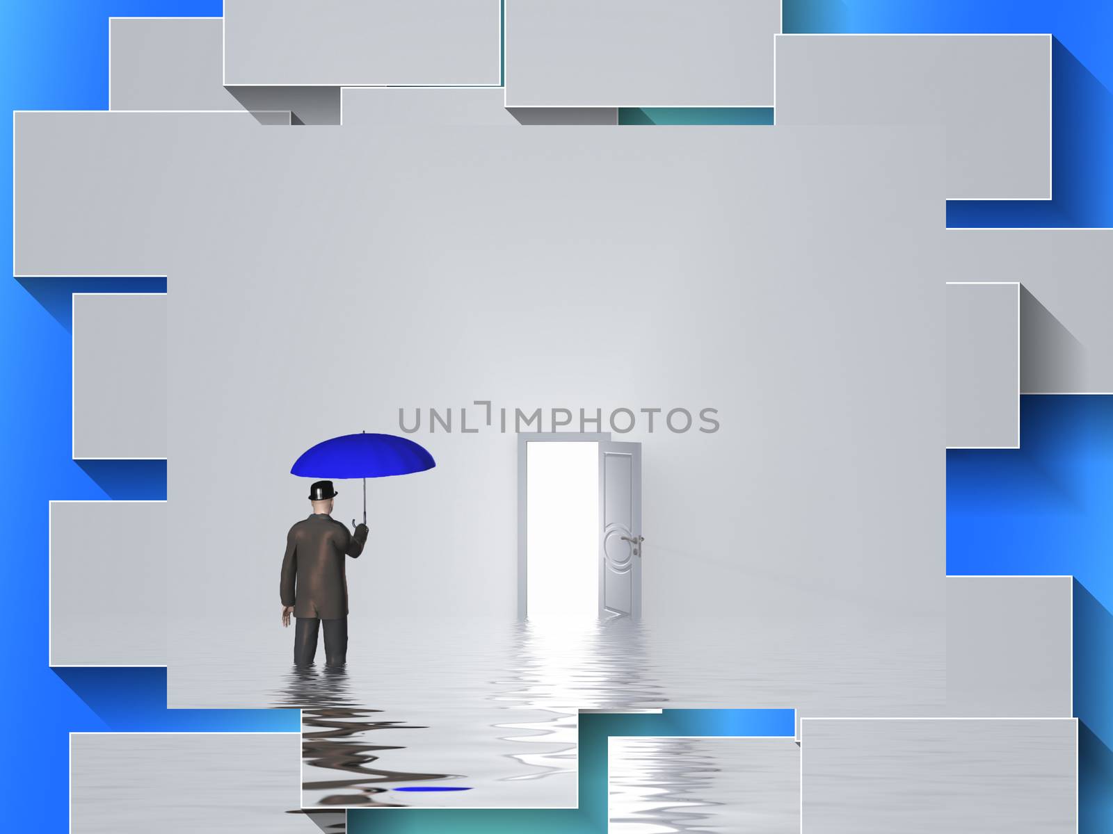 Man with blue umbrella stands in water in pure white room with open door.