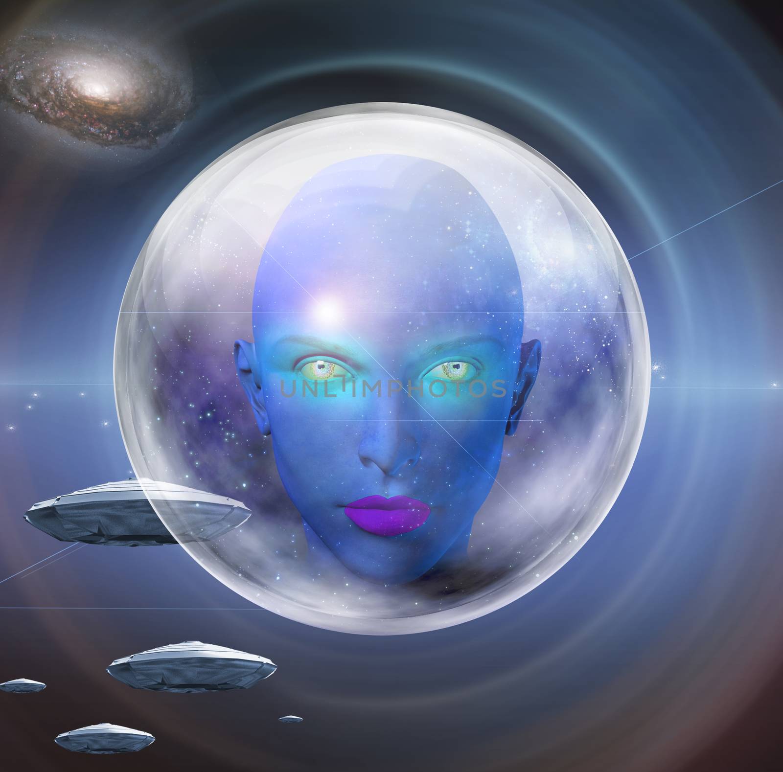 The face of female alien. Flying saucers in deep space on a background.