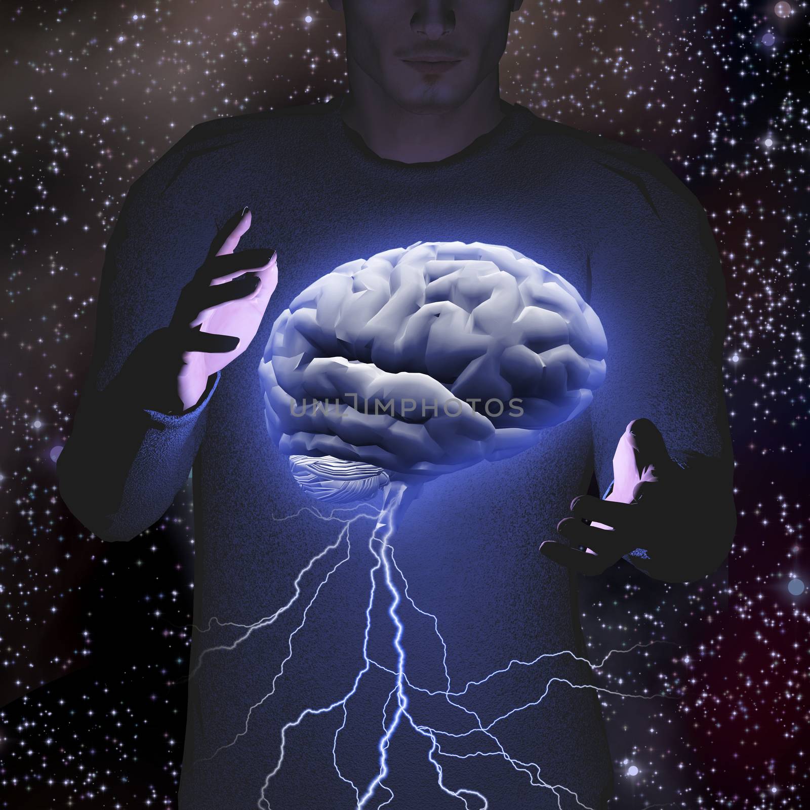 Man controls brain storm. 3D rendering