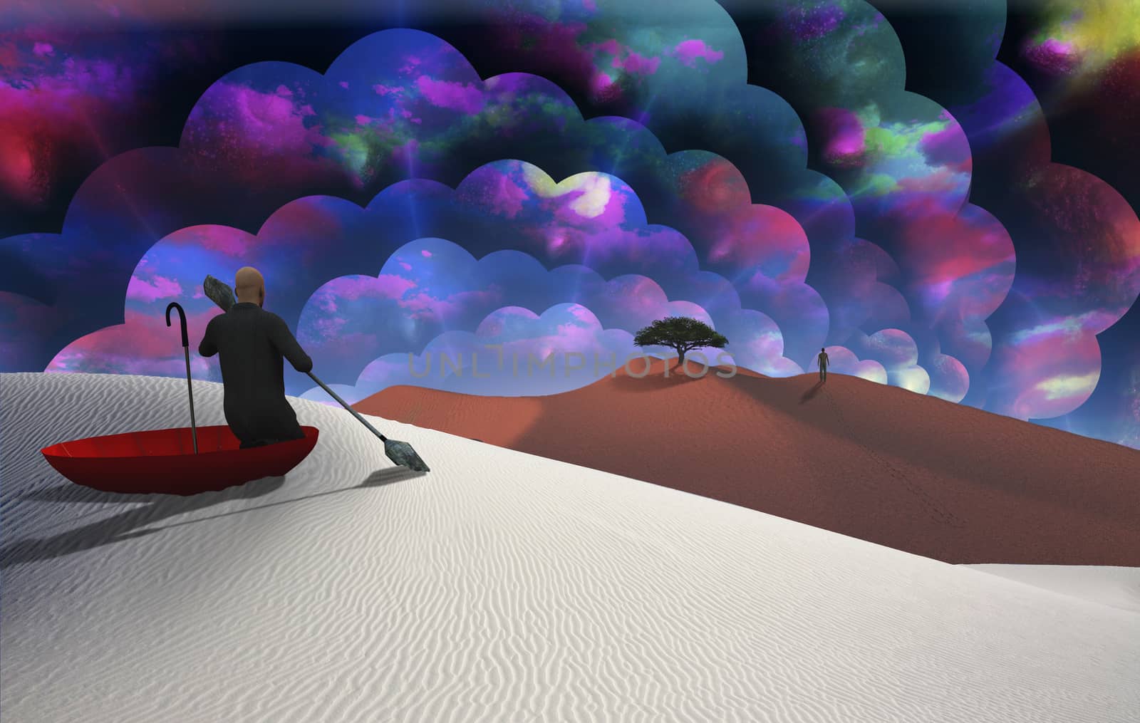 Surreal painting. Man in red umbrella floating on white desert. Figure of man in a distance. Multilayered spaces represents endless dimensions.