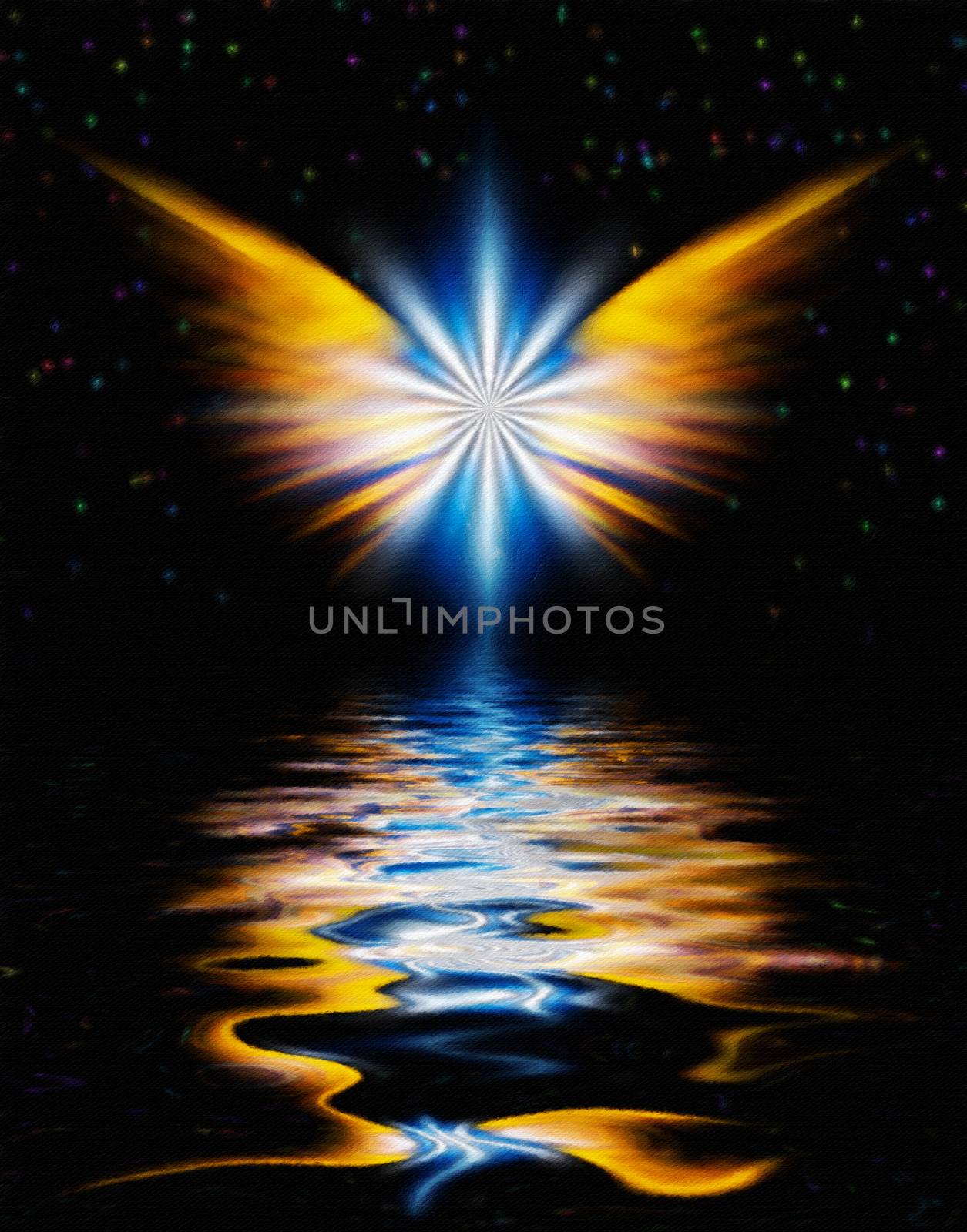 Oil painting on canvas. Shining Angel Wings above water surface.