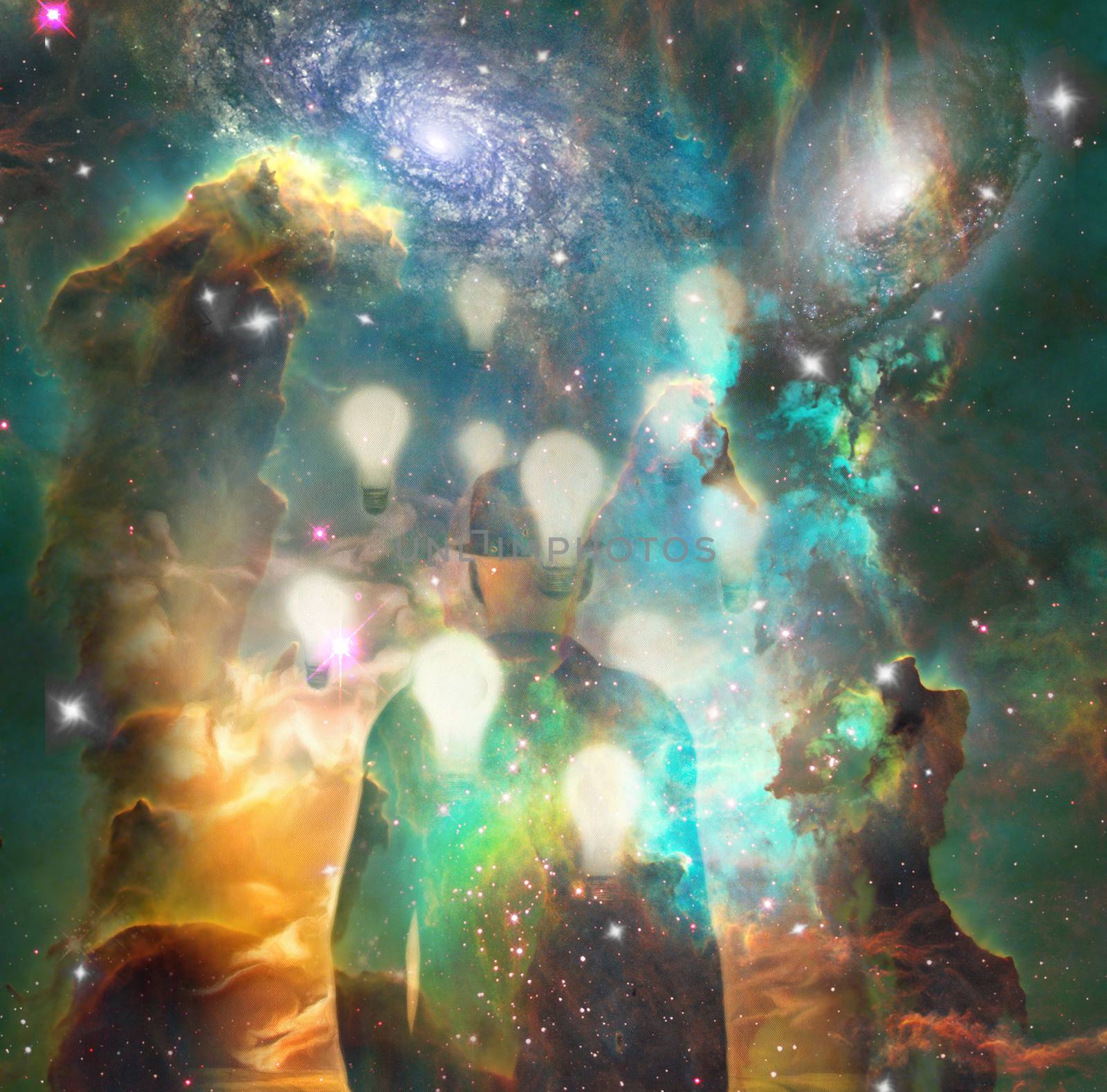 Surrealism. Man in suit with light bulbs around him stands in vivid universe. Some elements image credit NASA.