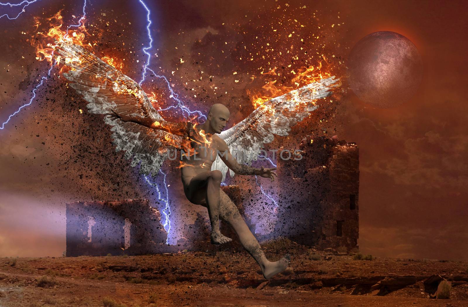 Surreal digital art. Lightning strikes spooky ruins. Naked man with burning wings symbolizes fallen angel.