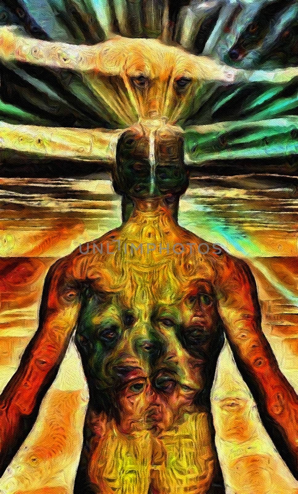 Man covered in text with light radiating from mind. 3D rendering