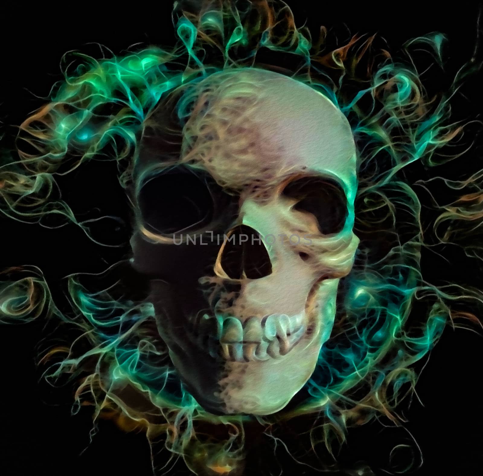Skull with turquoise energy lights