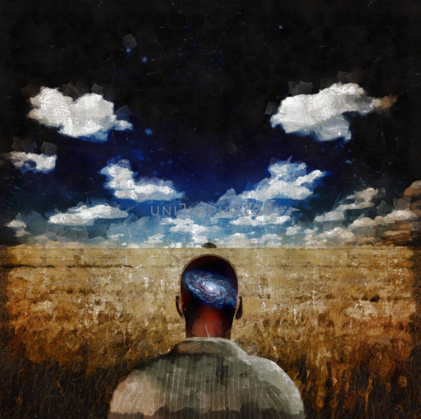 Surreal painting. Man with galaxy inside of his head stands in the field of wheat.