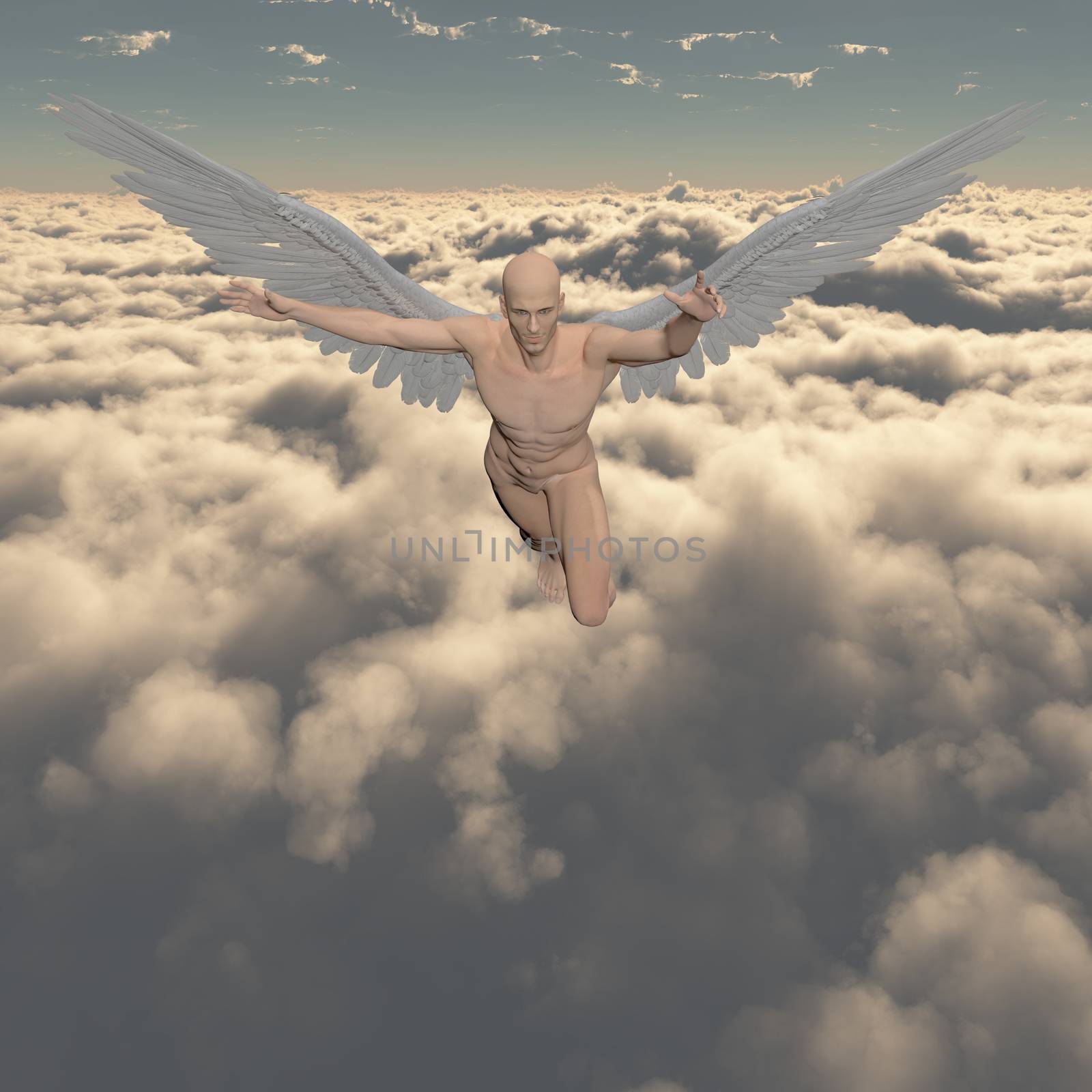 Surrealism. Naked man with angel's wings flies in cloudy sky. 3D render.