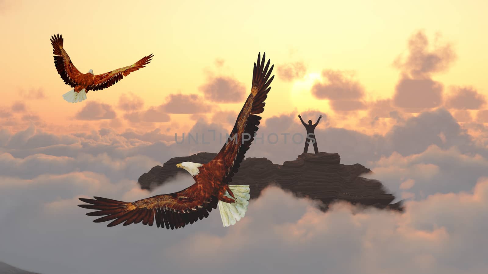 Man meets sunrise. Eagle flies.