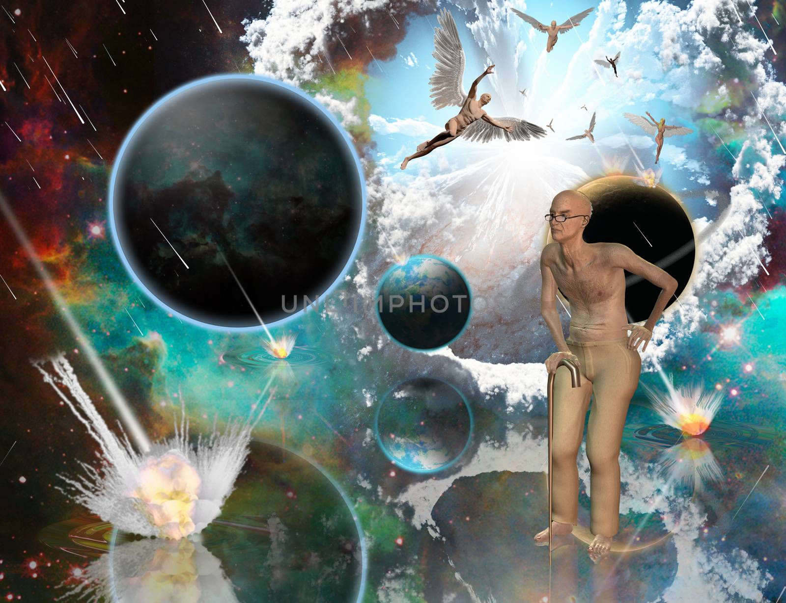 Surreal composition. Armageddon. Asteroids destroy planets. Angels fly in the sky. Old man with naked torso. 3D rendering