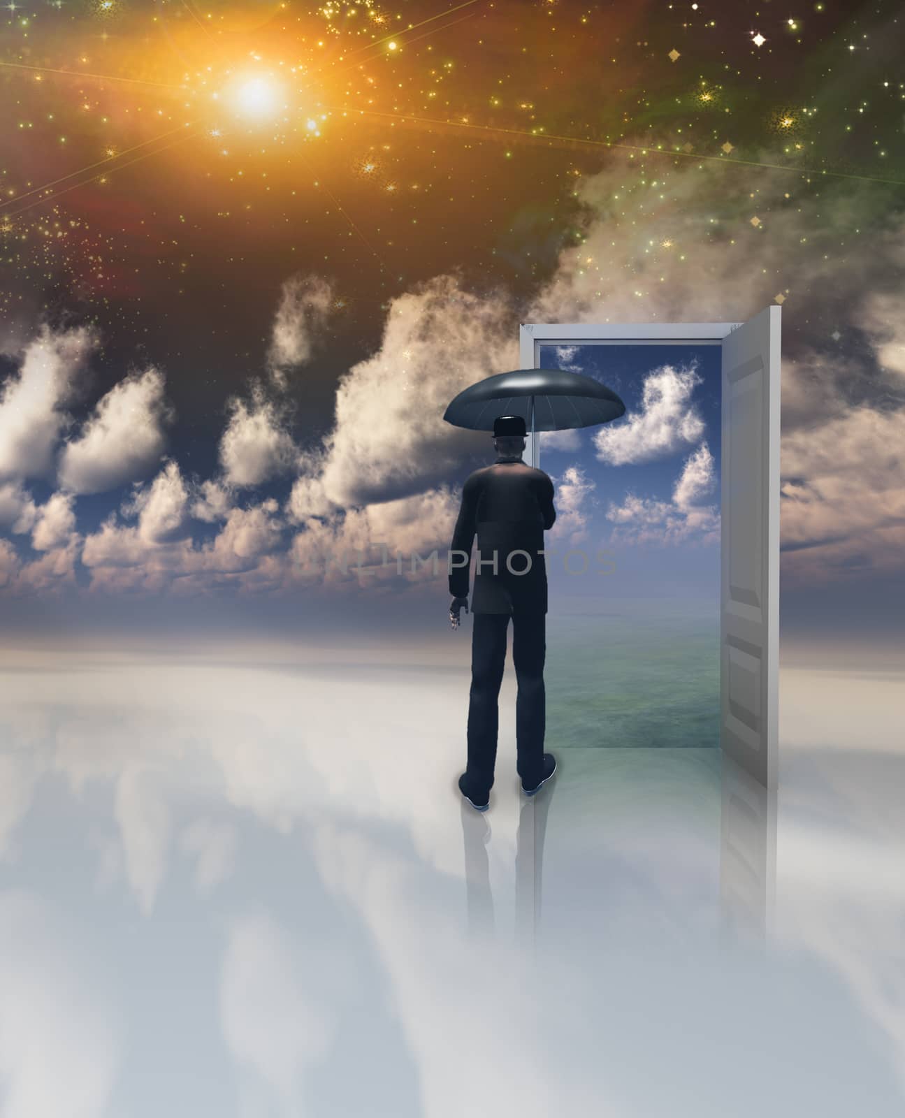 Sky fields of clouds. Opened door to another world. Man with umbrella stands before the door.