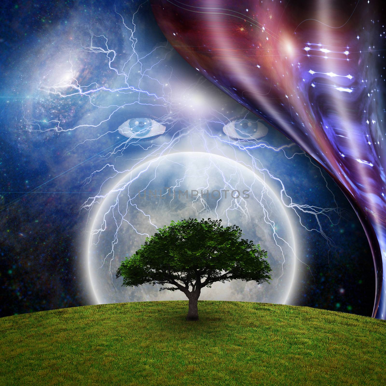Mystic face before full moon, green tree and warped space. 3D rendering.