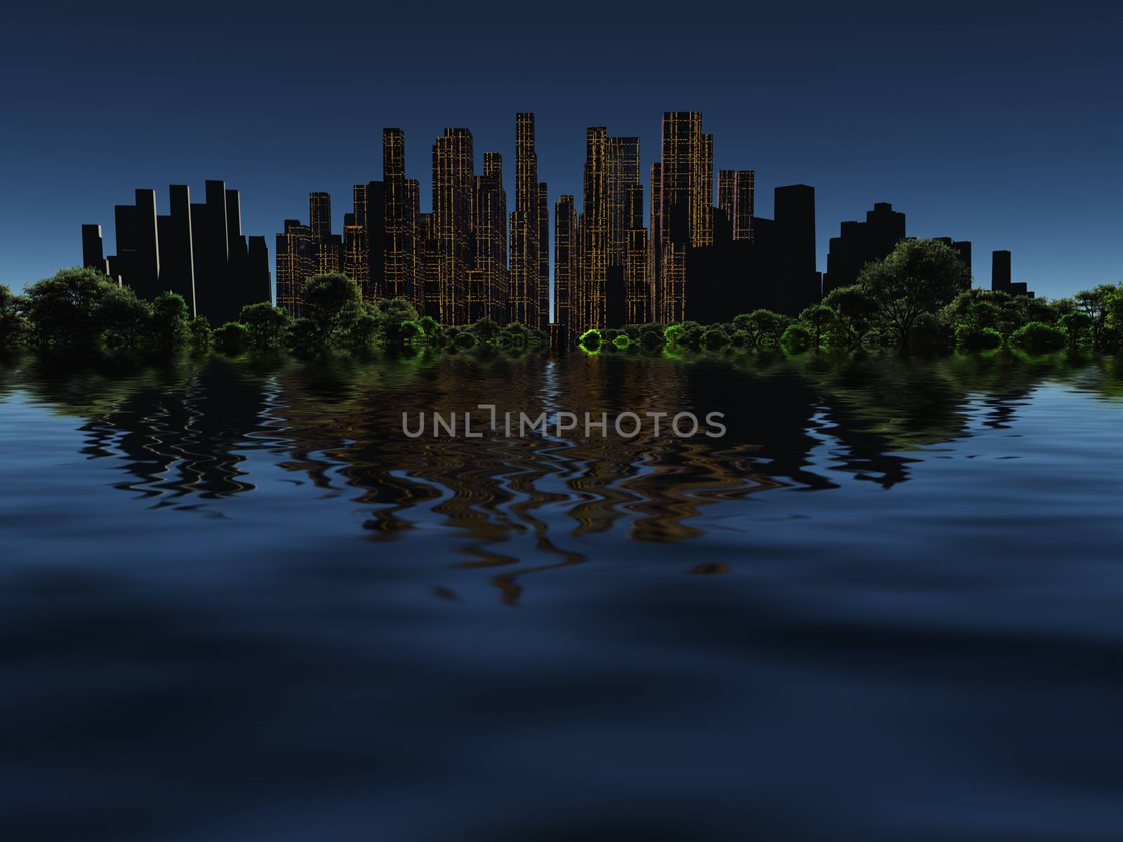 Surrealism. City of future in green forest surrounded by water.