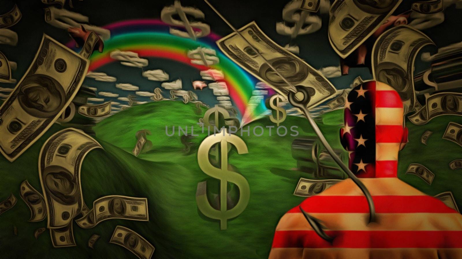 Surreal painting. Man in US national colors on a hook. Clouds in shape of dollar sign, rain of dollars.