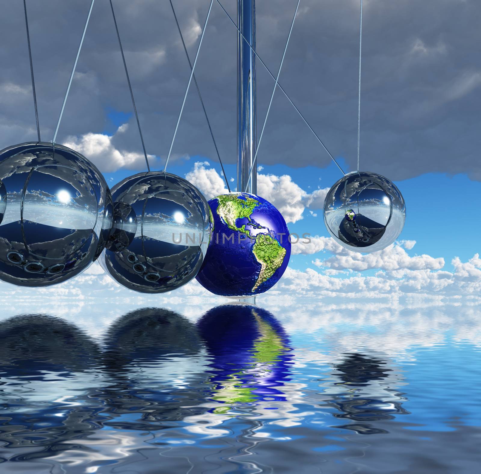 Surreal digital art. Newton's pendulum. One of the balls represents planet Earth.