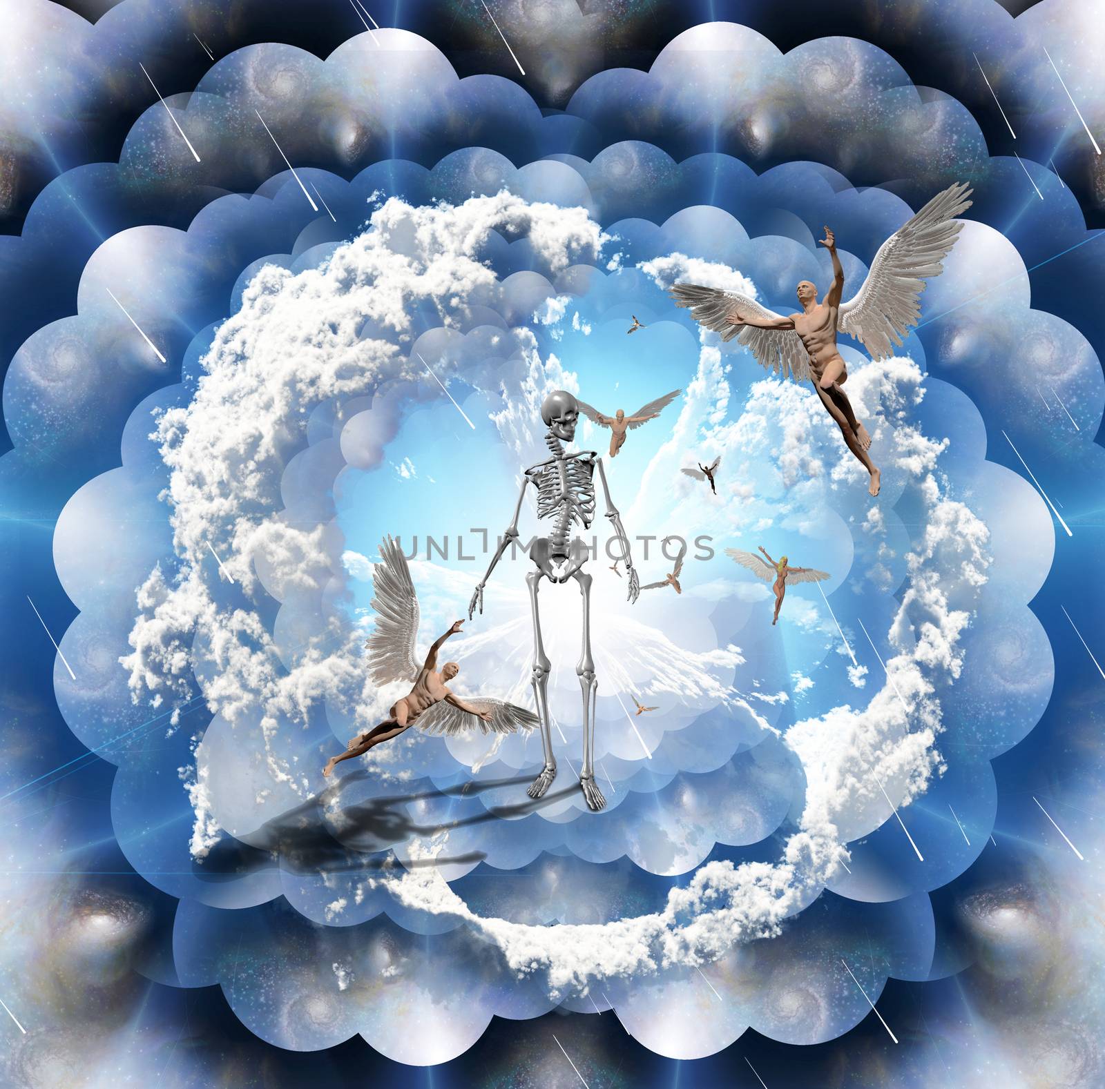 Surrealism. Human skeleton. Naked men with wings represents angels. Multi layered spaces.