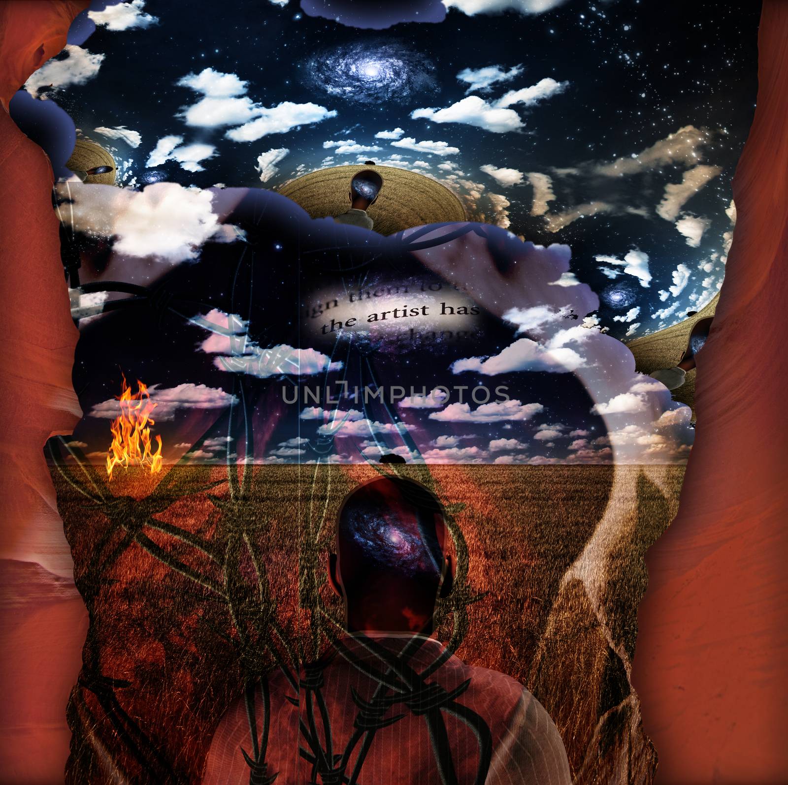 Surreal composition. Man with galaxy in head stands before field of wheat