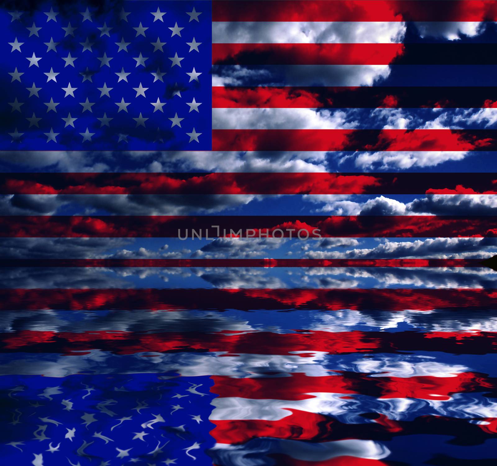 Surreal digital art. USA Flag over clouds reflected in the water.