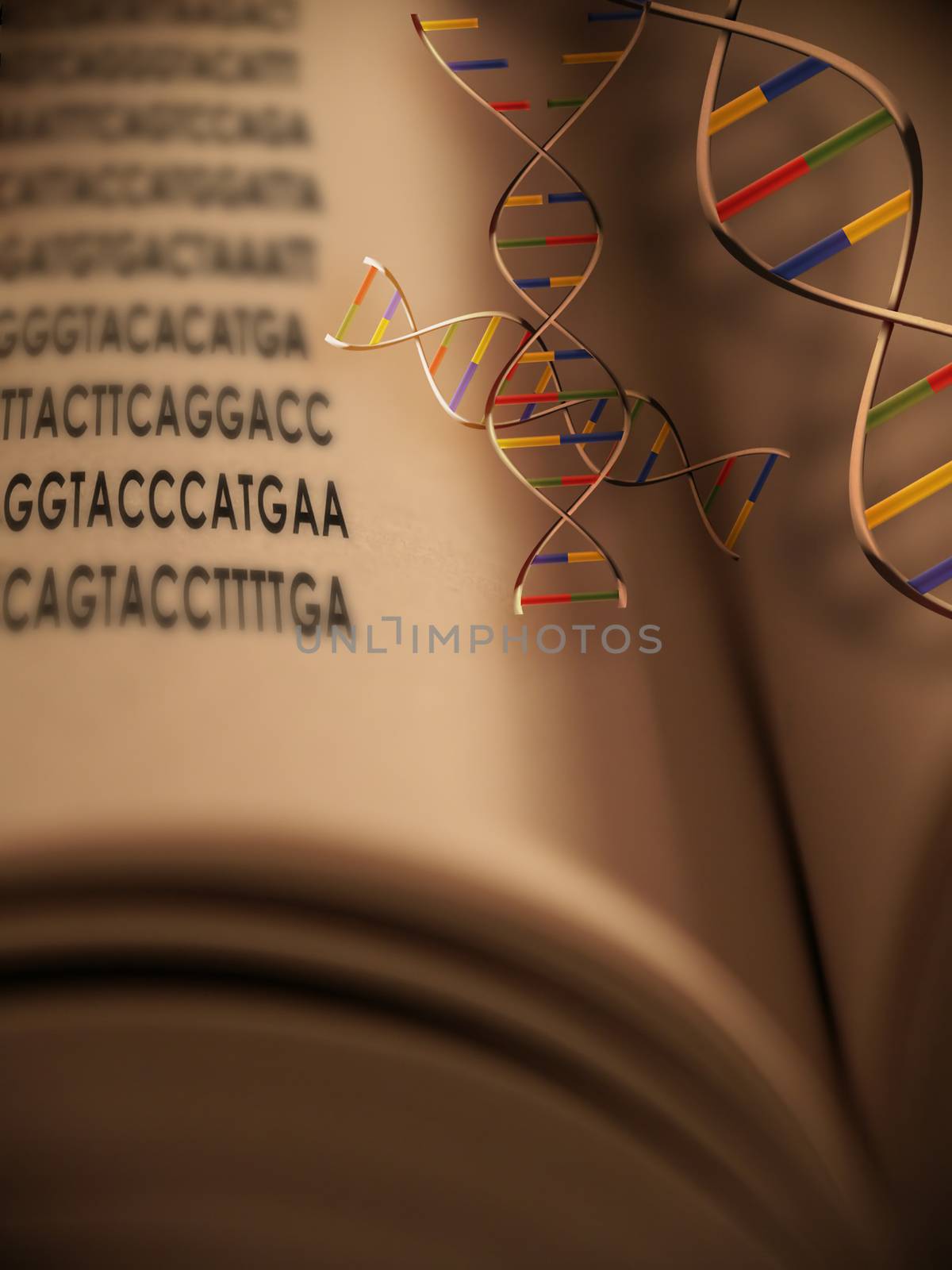 An open book with dna strands and gentic code springing from book