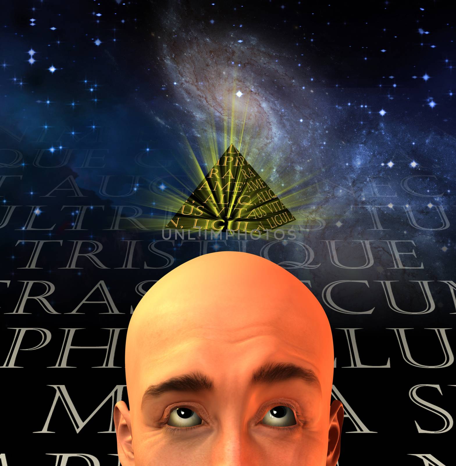 Bald man with mason pyramid above head