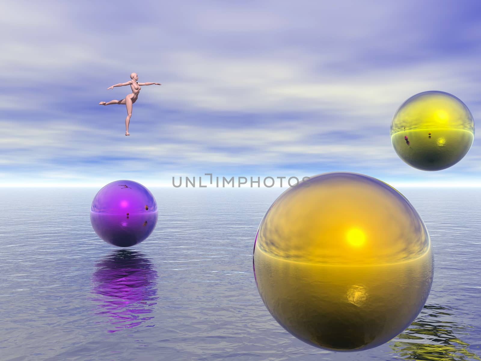 Dancer and colorful spheres hovers above endless ocean