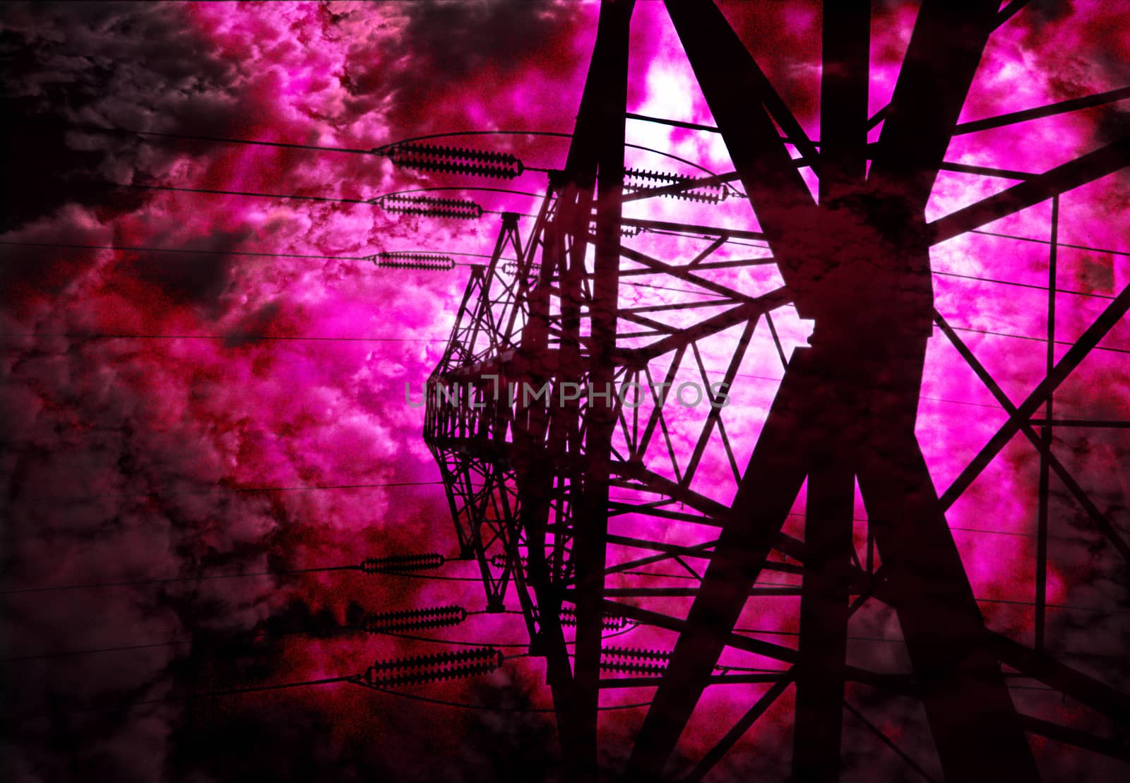 Surrealism. Crimson Clouds. High voltage pole