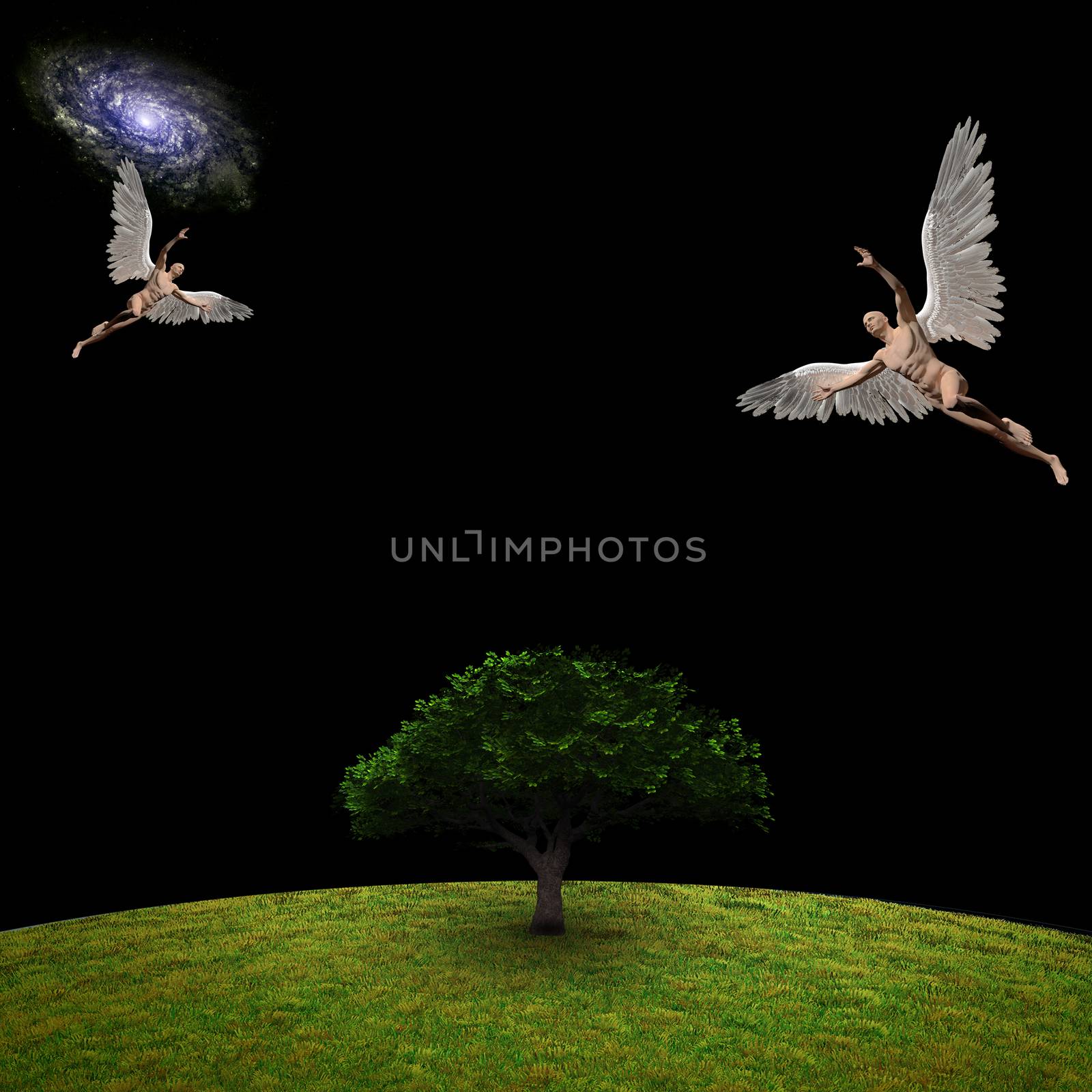 Angels above green tree. 3D rendering. Some elements credit NASA