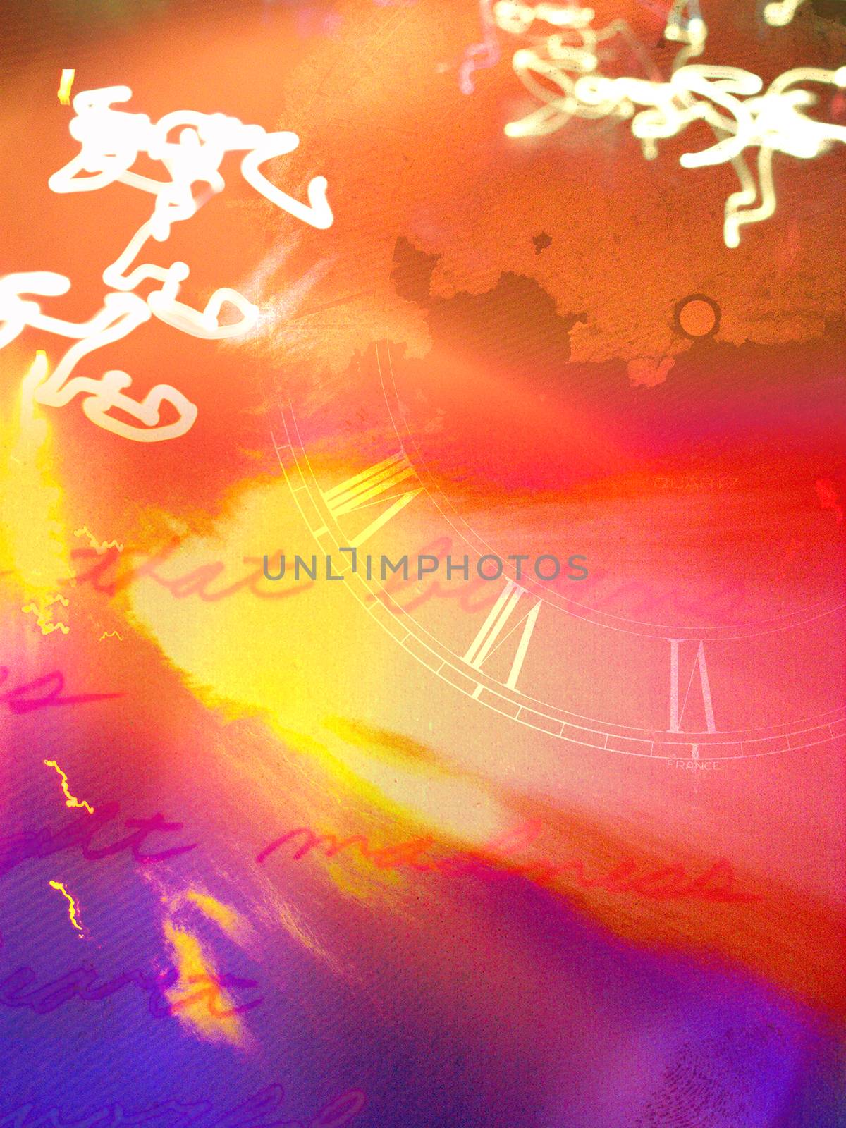 Abstract painting. Clock face with roman numbers, lines from poem and glowing swirls of light.