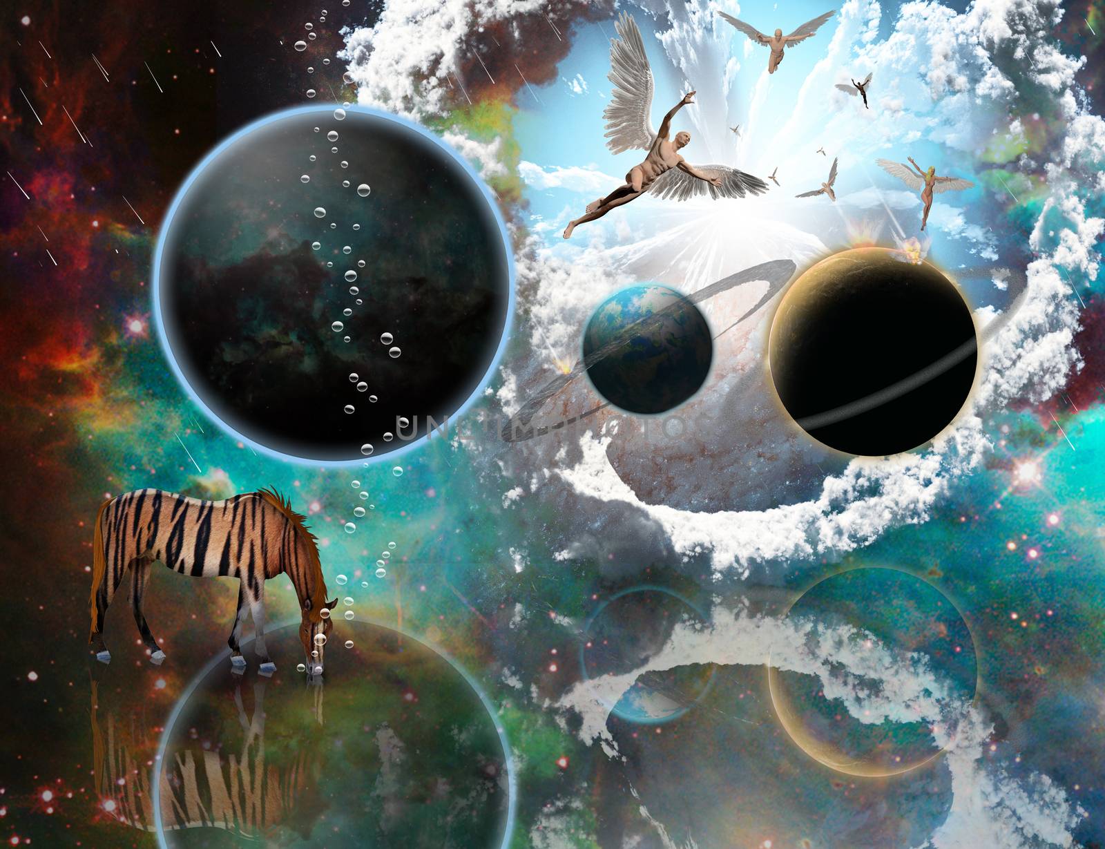 Religious planetary surrealism. Angels comes from another dimension. Exo planets. Striped horse. 3D rendering