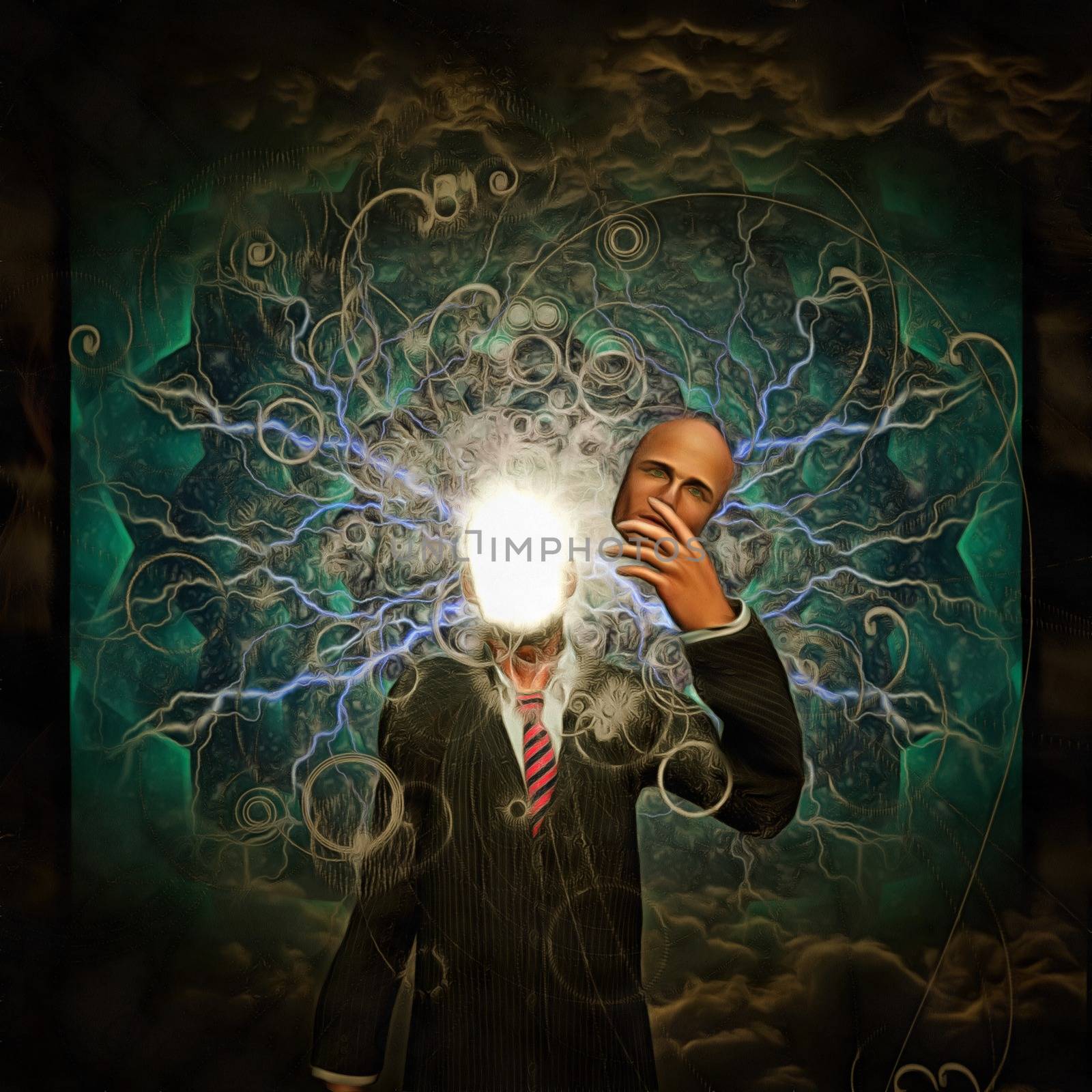 Surreal painting. Man holds mask in hand. Bright light and lightnings instead of his face.