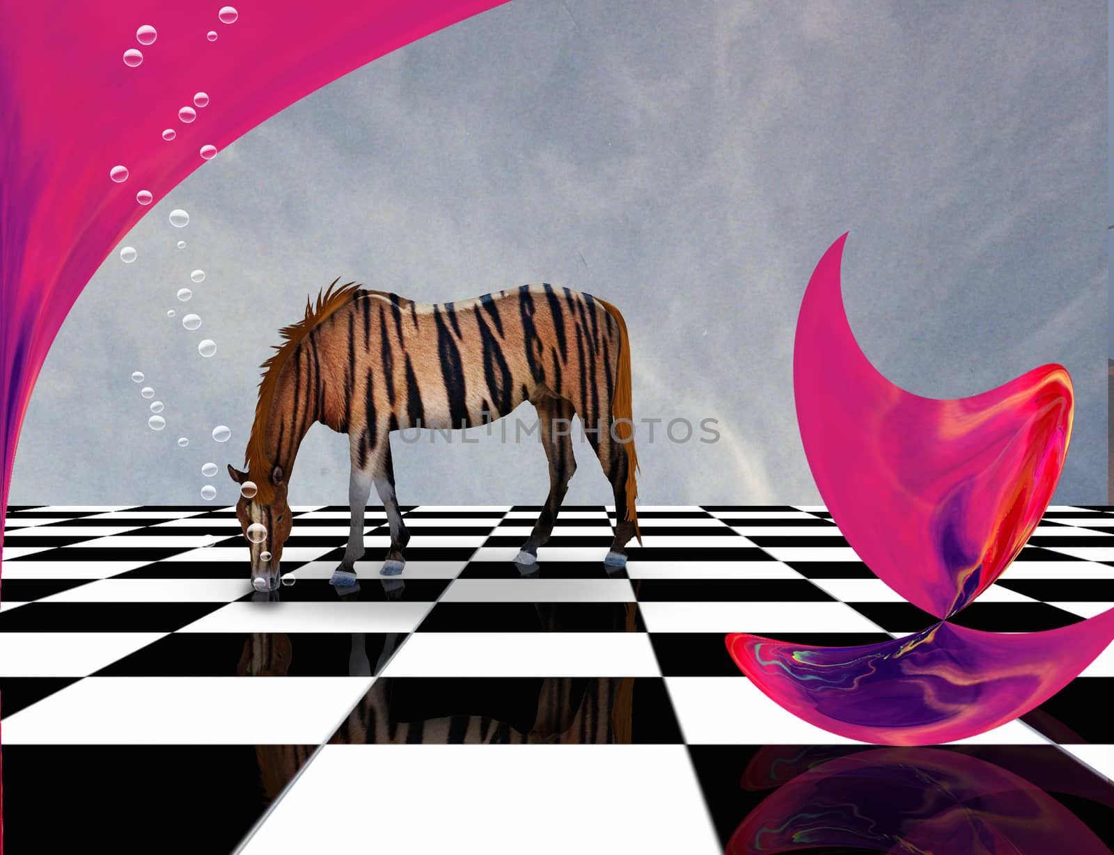 Surreal composition. Pink matter and striped horse on chessboard