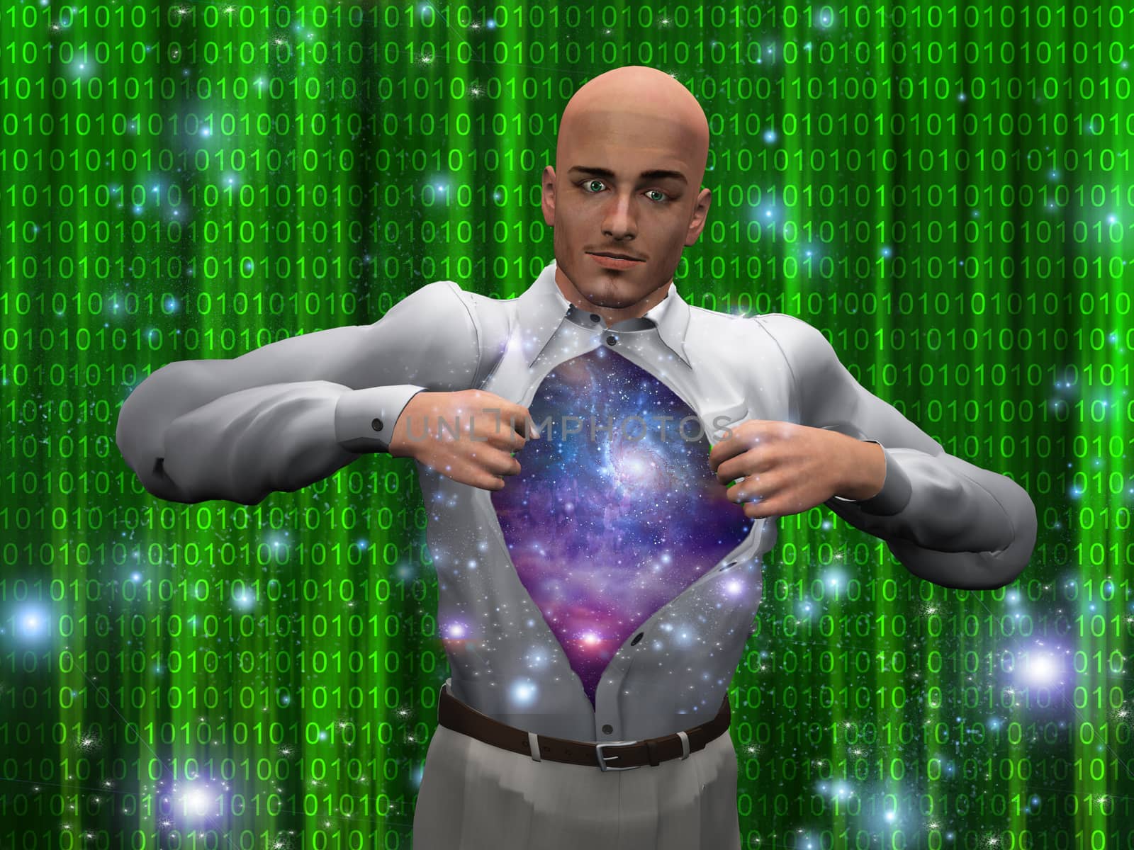 Man opens shirt to reveal galaxies before binary streams