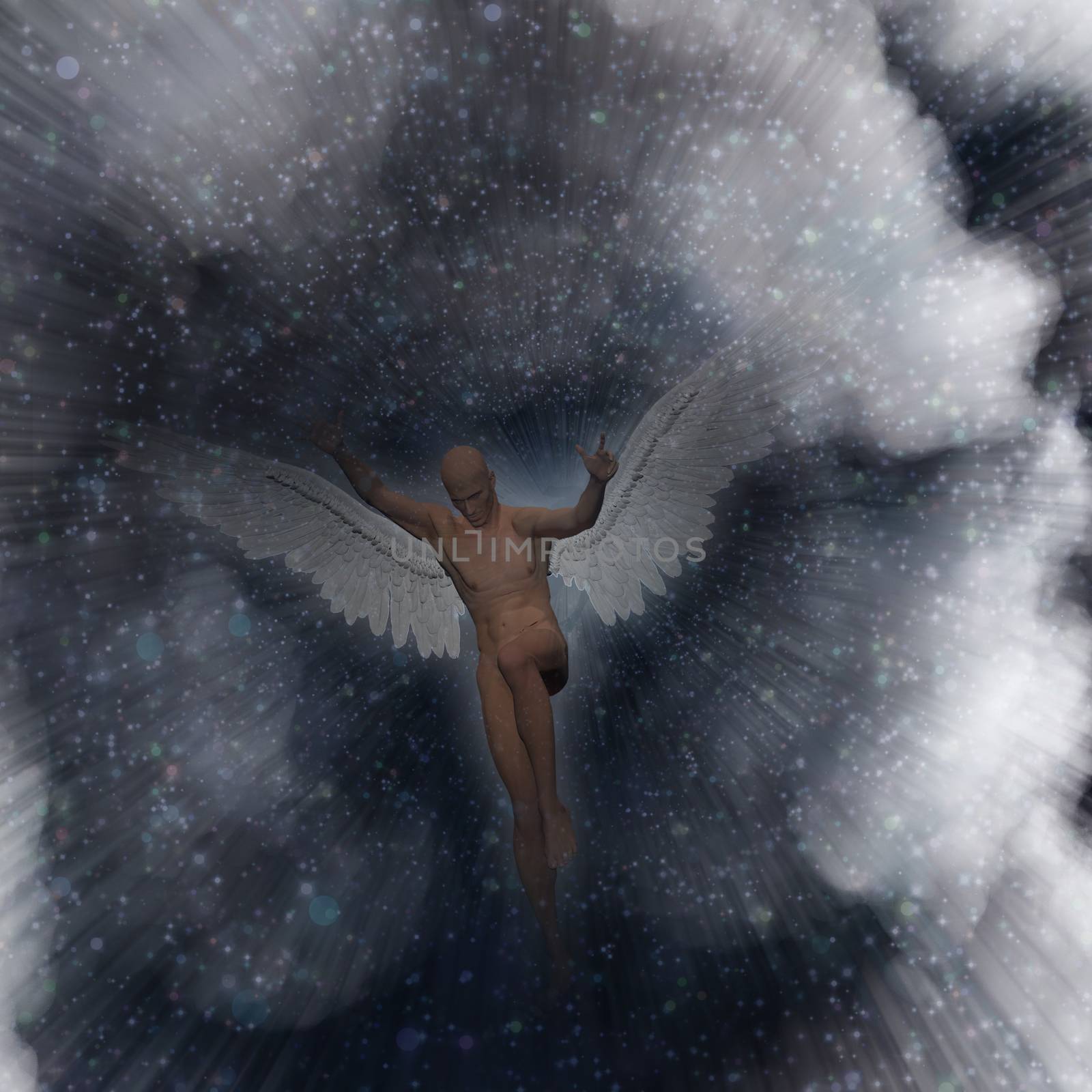 Surrealism. Naked man with wings represents angel.