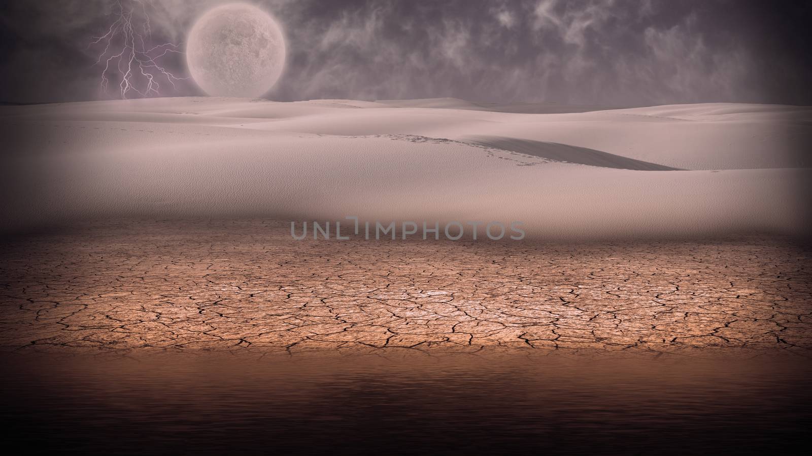 Surreal digital art. Desert shore. Storm and lightning. Full moon at the horizon.