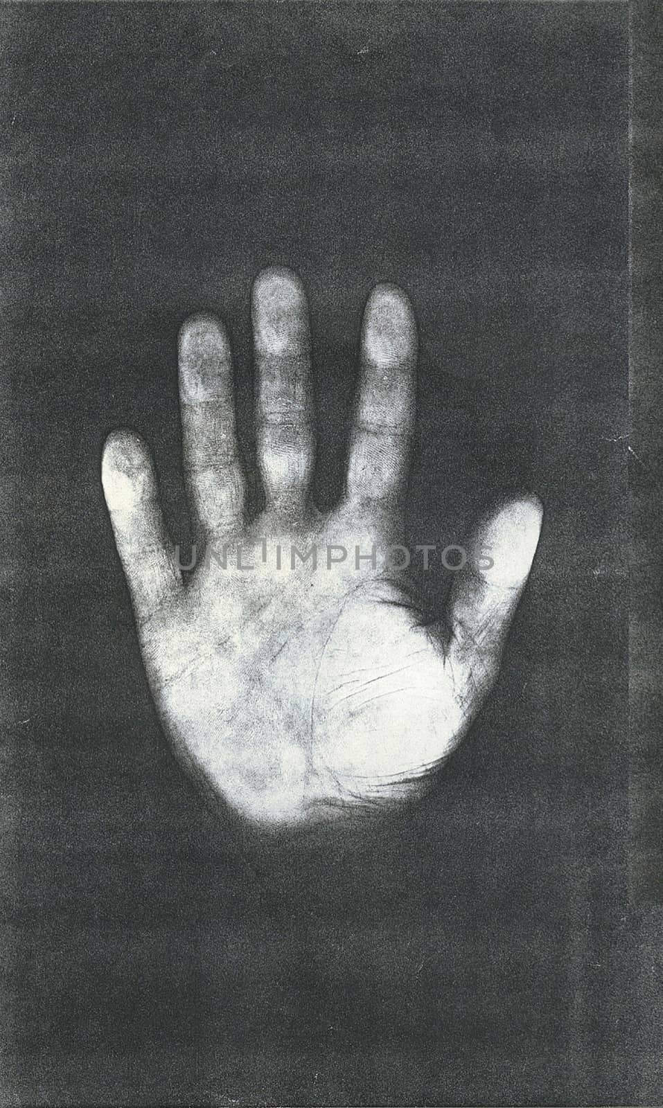 Black and white image. Human handprint